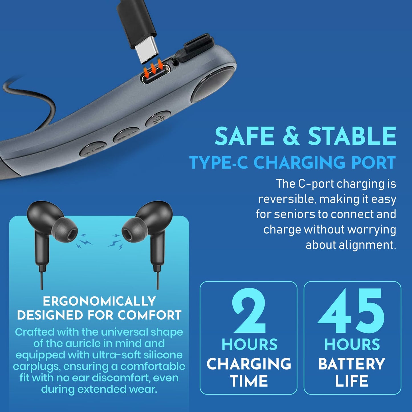 Rechargeable Bluetooth Hearing Amplifier - Wireless Hands-Free Neckband w/ Noise Reduction, Neck Sound Amplifying Device Helps Aid Comfortable Hearing for Listening, Watching TV for Seniors & Adults