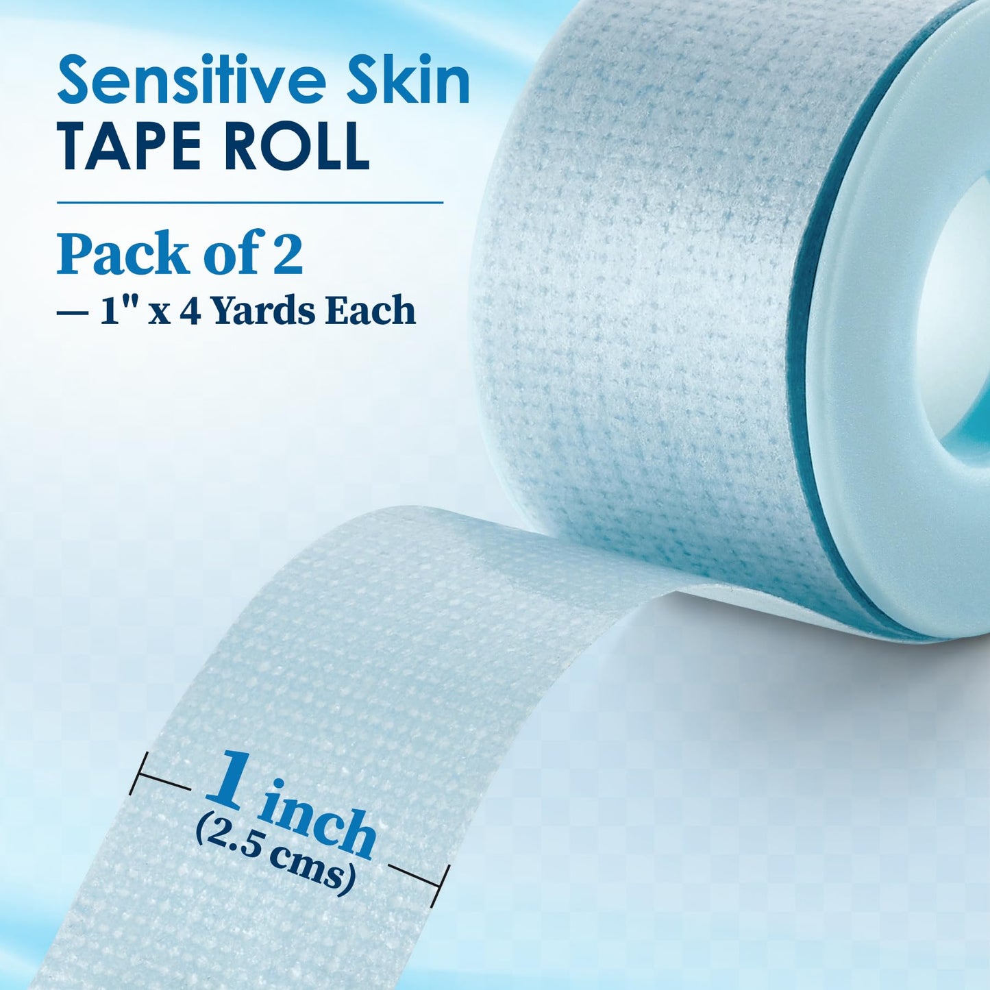 MEDca Sensitive Skin Low Trauma Tape Rolls - 1 Inch x 4 Yards Blue Tape First Aid Rolls, Minimal Hair Pulling for Wounds, Lash Tape for Eyelash Extensions (Pack of 2)
