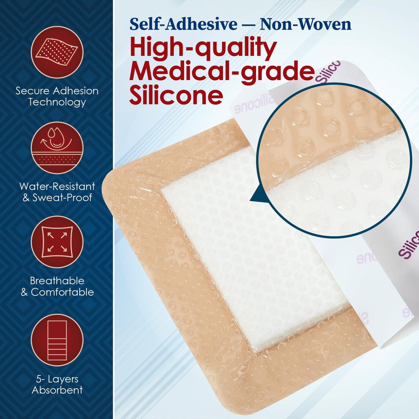 MEDca Silicone Foam Dressing w/ Adhesive Border 4"x4" (Pack of 10) Waterproof Silicone Bandages for Wounds, Highly-Absorbent Wound Dressing Bandage Care for Bed Sore Bandages, Pressure Sores, Ulcers