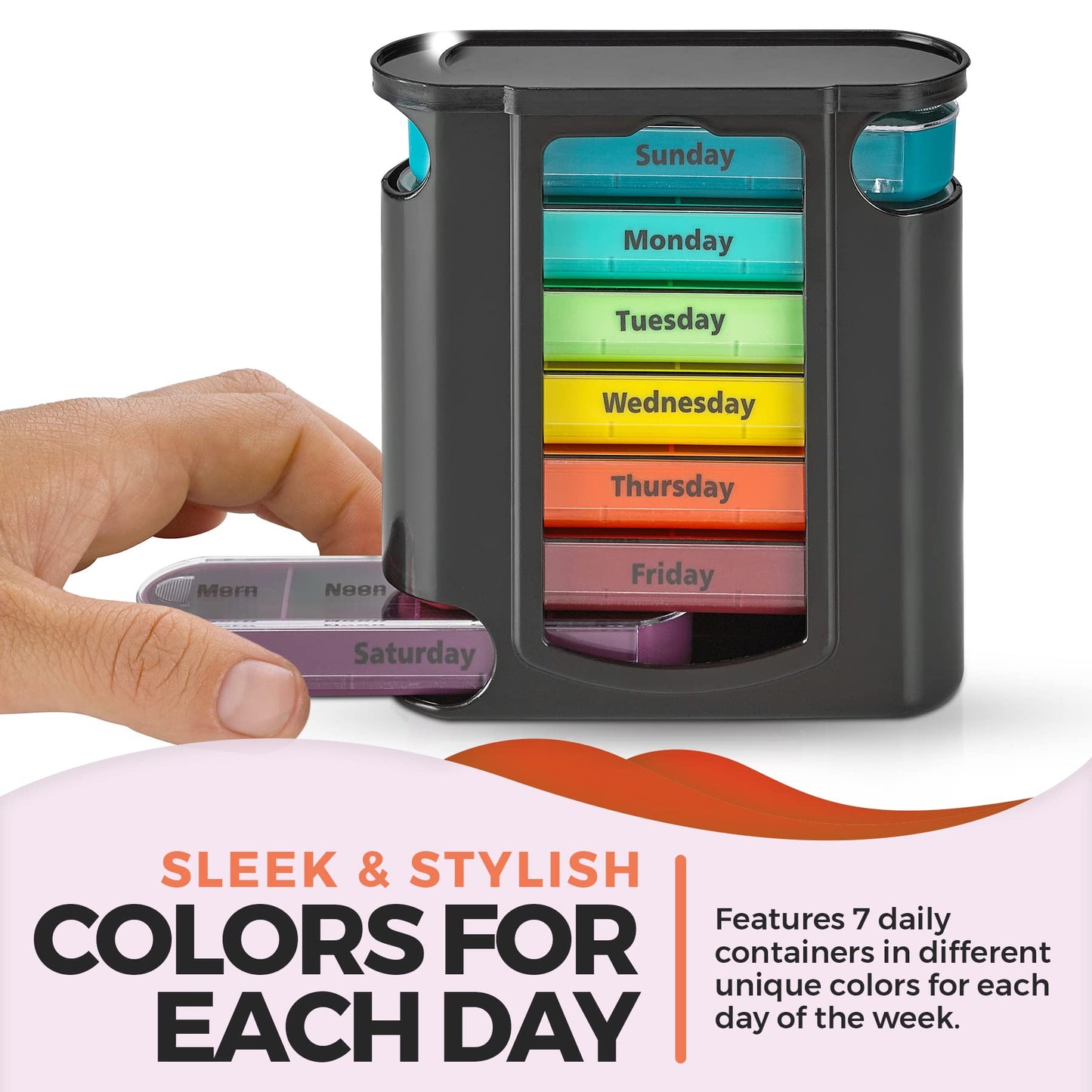 Weekly Pill Organizer, 1 Dispenser, 7 Stackable Compartments Four Times-a-Day - Morning, Noon, Evening, and Bedtime, Black