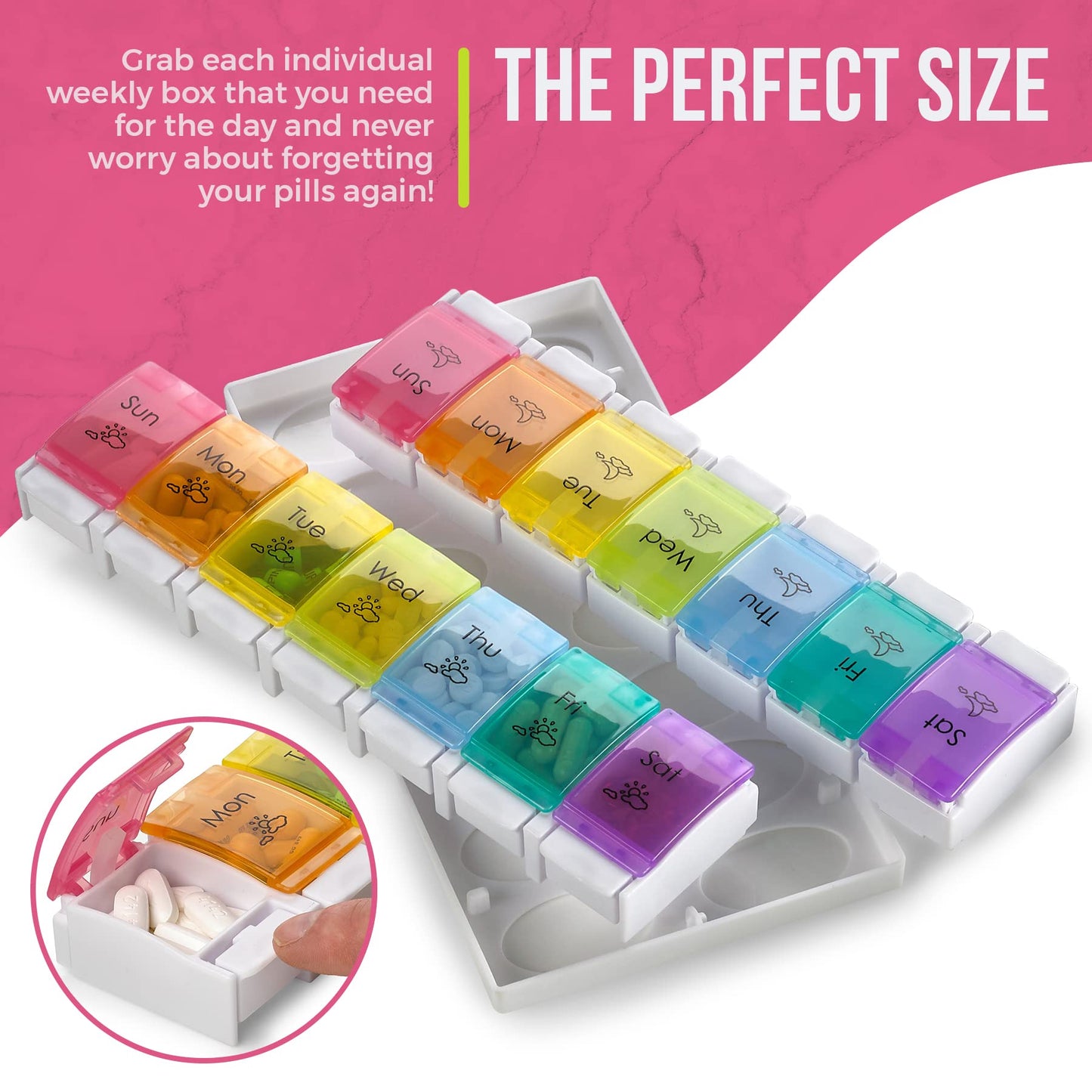 7 Day Pill Organizers - (Pack of 2) Easy Push Button Assisted Open, AM PM Daily Travel Pill Box Case Planner and Large Compartments for Medication Vitamins Fish Oil & Supplements, BPA Free