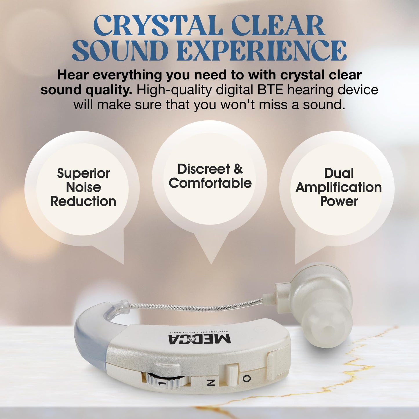 Behind the Ear Sound Amplifier - BTE Hearing Ear Amplification Device and Digital Sound Enhancer PSAD for the Hard of Hearing, Noise Reducing Feature, White