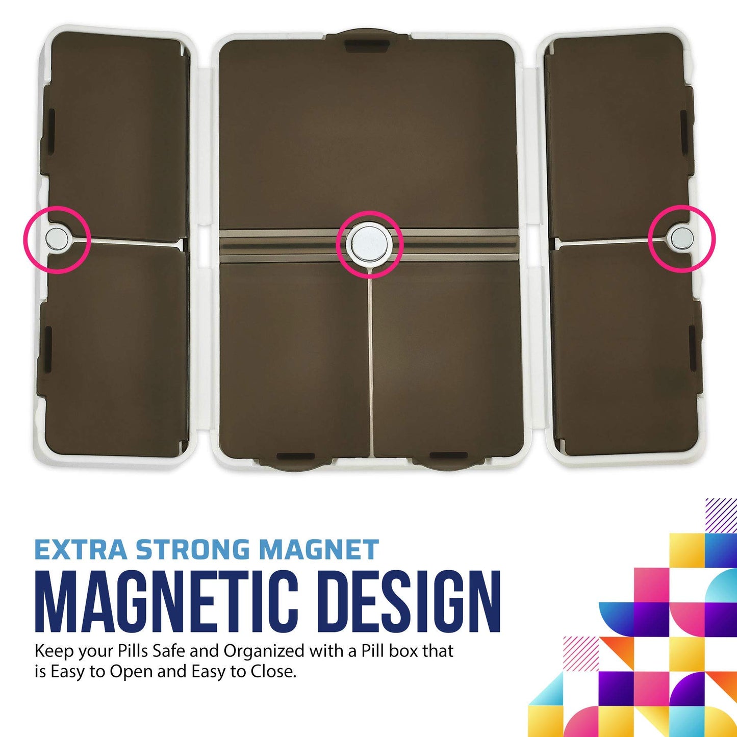 Magnetic Foldable Pill Box Case - (2 Pack) 7 Day Weekly Medicine Organizer - Portable Compact Lightweight Pill Container w/ 7 Compartments, Dustproof, Air-Tight, BPA-Free f Vitamins and Supplements