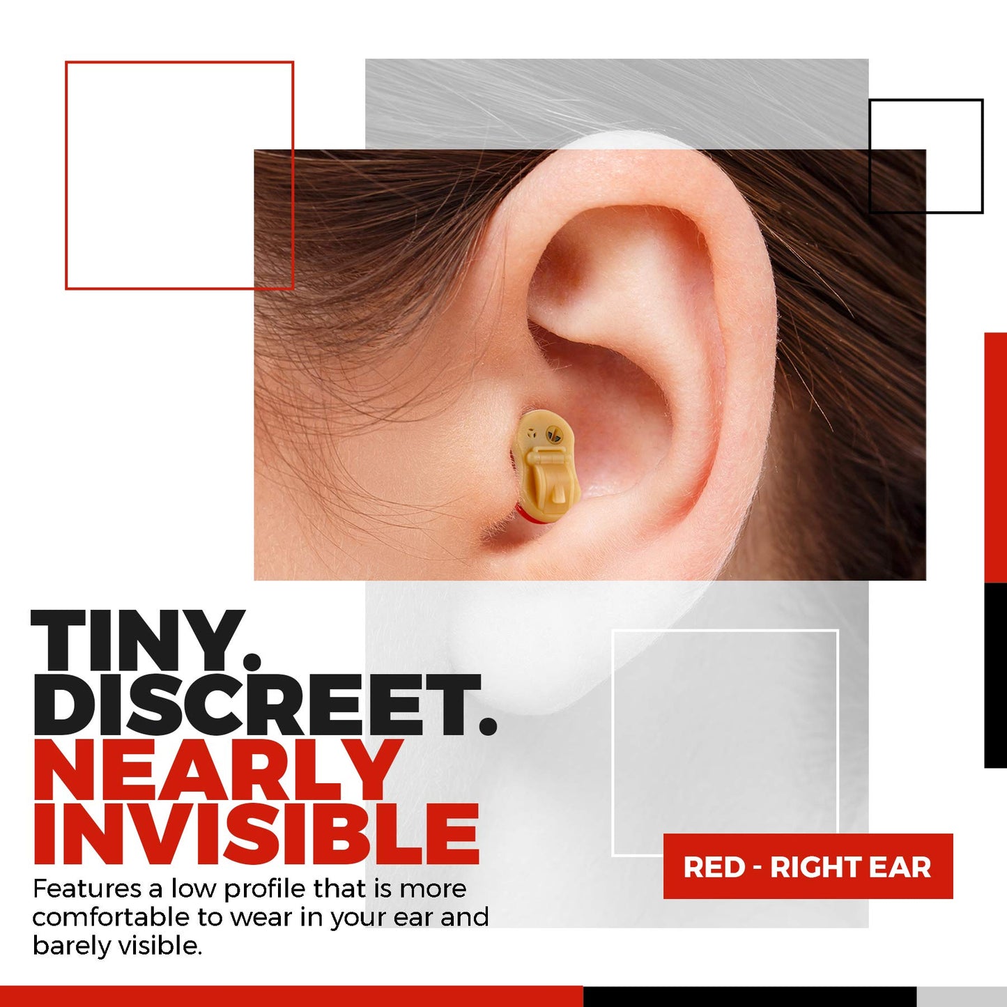 Premium Digital Hearing Amplifier - Invisible in Canal (CIC) In-Ear Mini Sound Enhancer, Near-Invisible, Noise Cancelling, Personal Sound Hearing Amplifier - Right Ear, Red - MZ-38