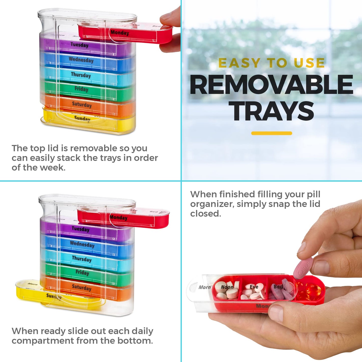 MEDca Weekly Pill Organizer, Four Times-a-Day, 1 Dispenser with Stackable AM/PM Compartments