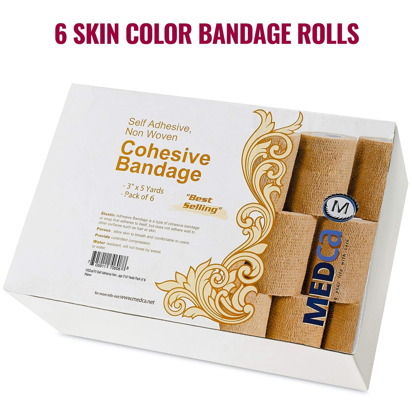 Self Adherent Wrap - Bulk Pack of 6, Athletic Tape Rolls and Sports Wraps, Self Cohesive Non-Woven Adhesive Bandage (3 In x 5 Yards) for Ankle Sprains & Swelling