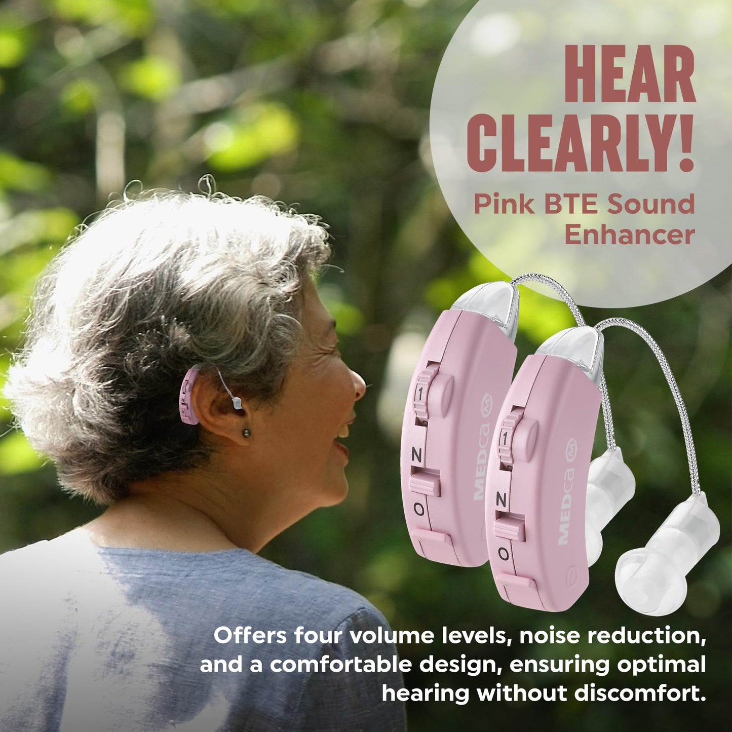 Digital Hearing Amplifier - Set of 2 - Best Hearing Amplifiers That Fit Comfortable Behind the Ear for Women, Small & Discreet BTE Personal Sound Amplifier Pair (Pink)