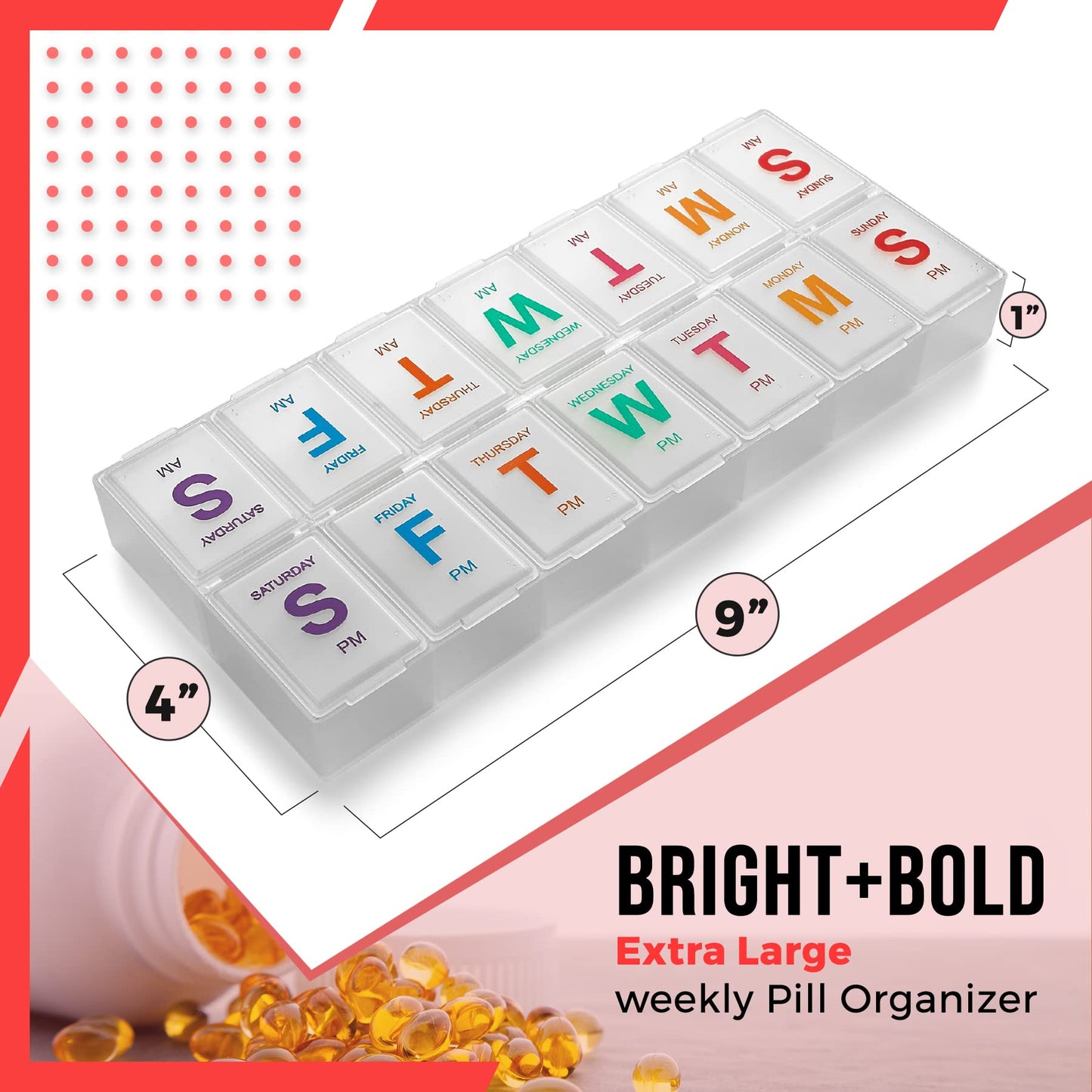 Large Weekly Pill Organizer - (2 Pack) AM PM Pill Box - XL 7 Day Pill Organizer 2 Times A Day and Daily Pill Organizer Case for Medication, Pills, Supplements with Braille, Bright, Easy to Read