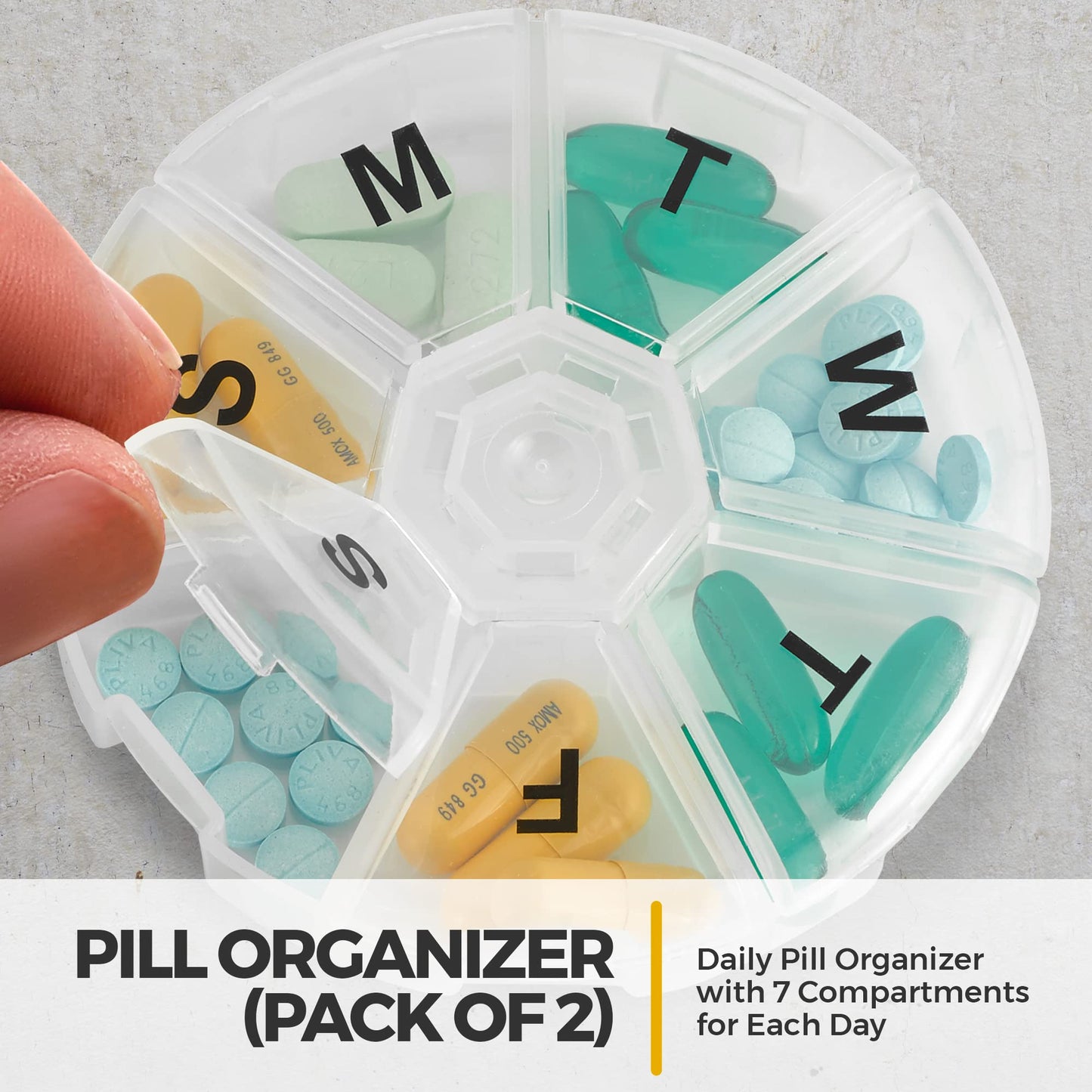 Weekly Pill Organizer - (Pack of 2) 7 Day Pills Container, Round Medicine Organizer Box, Daily Week Pill Reminder Case Travel Friendly, BPA-Free Vitamin, Supplement, Fish Oil, Medication Planner