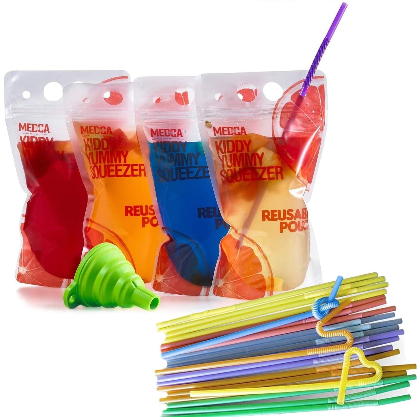 Reusable Drink Pouches - 100 Clear Drink Bags with 100 Straws - Double Zipper Reusable Smoothie Pouches Juice, Clear Zipper Pouch Storage Bags, Leak-Free and BPA Free