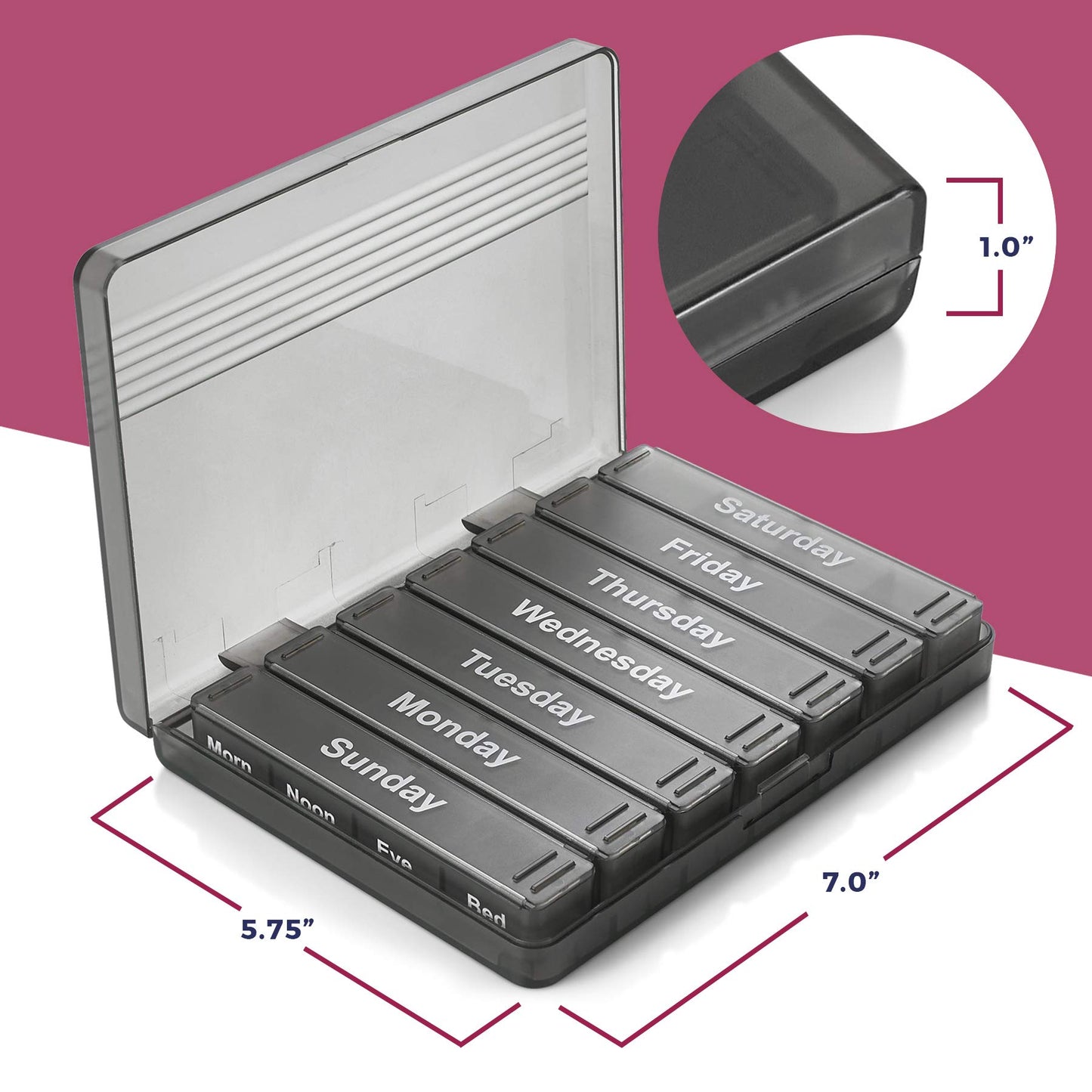 Weekly Pill Organizer - 7-Day Pill Case w/ Removable Daily 4 Times-a-Day Pill Cases - Large AM/PM Medicine Pill Box for Medications Pills Vitamins & Supplements - Easy to Read Labels Monday to Sunday