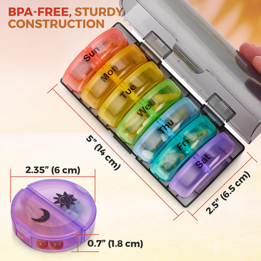 Weekly Pill Organizer - 2 Times-A-Day Compartments - 7 Day AM/PM Pill Container - Portable, Durable and Convenient Travel Pills Case for Tablets, Fish Oils, Vitamins and Supplements, Rainbow, 1 Pack