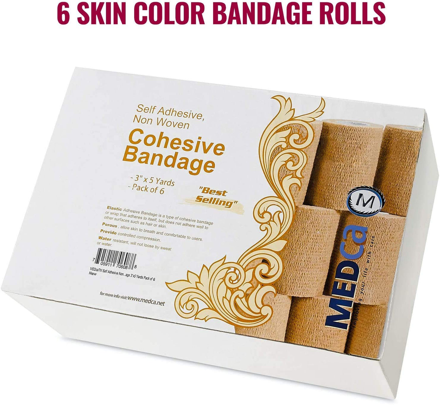 Self Adherent Wrap - Bulk Pack of 6, Athletic Tape Rolls and Sports Wraps, Self Cohesive Non-Woven Adhesive Bandage (3 In x 5 Yards) for Ankle Sprains & Swelling