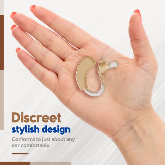 MEDca Hearing Amplifiers 2 Pack - Digital BTE Personal Sound Amplifier w/ Noise Reduction & Volume Control, LR44 Battery Powered, 6 Ear Domes, Left/Right Use, Small & Discreet