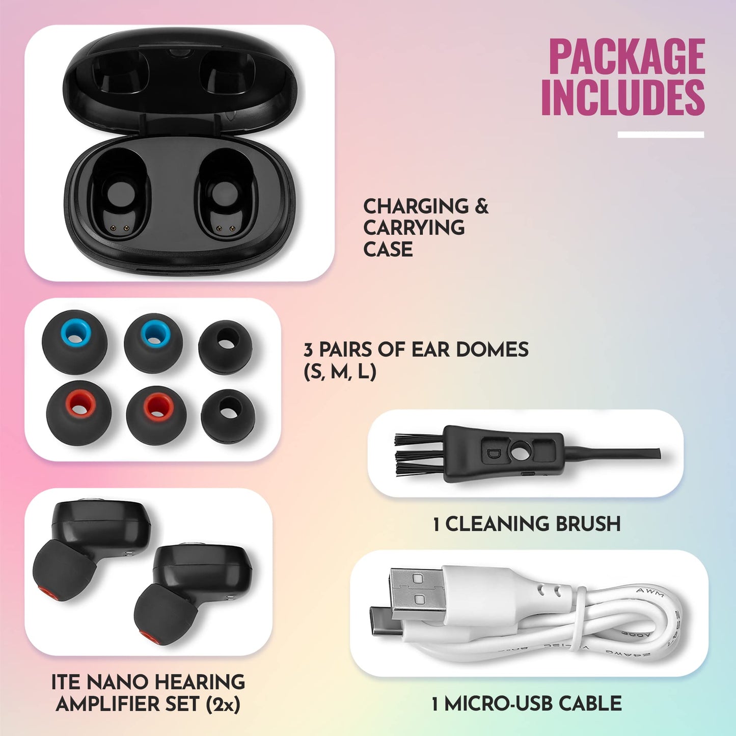 Rechargeable Hearing Amplifier Pair w/ Noise Cancelling, Digital Sound Device for Seniors & Adults - ITC Nano Personal Amplifier - One Touch Control & Low Sound Distortion Hearing Assist Device, Black