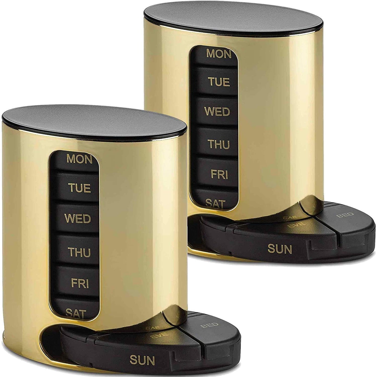 Weekly Pill Organizer - 2Pack - 4 Times-A-Day, Daily Stackable Medication Reminder - Weekly AM/PM Pill Box with 7 Individual Stacking Cases, a Everyday Medicine Organizer for Vitamins, Black & Gold