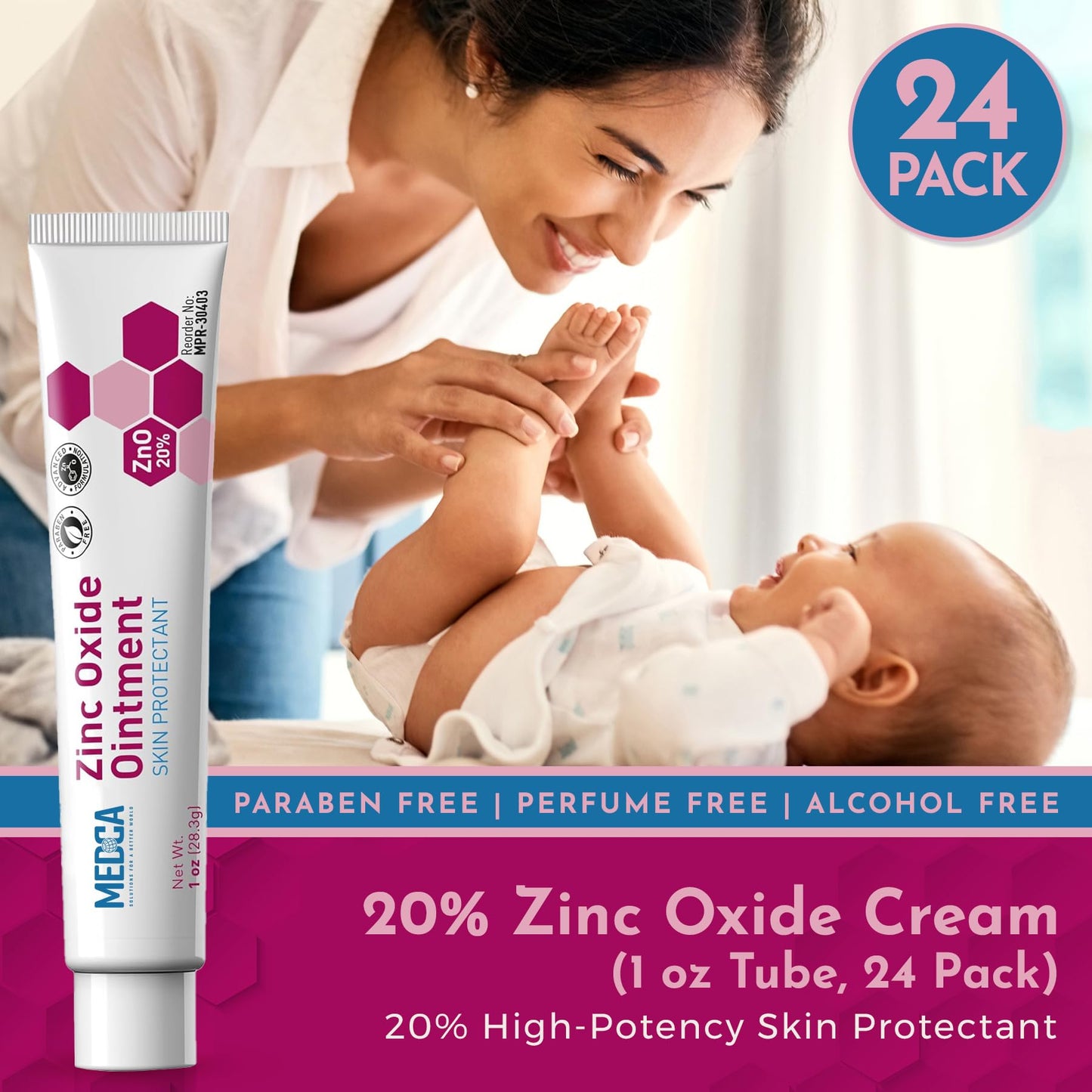 High-Potency 20% Zinc Oxide Ointment - (Pack of 24) Baby Diaper Rash Cream and Gentle Skin Protectant Barrier for Chafed Skin, Wetness Daily & Overnight Protection Soothing, Hypoallergenic, 1oz Tubes