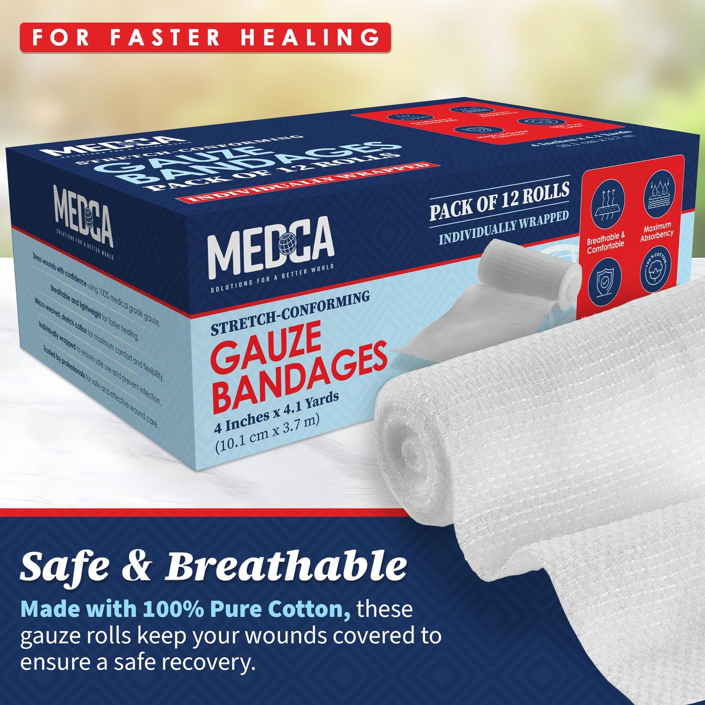 Gauze Bandage Rolls - (12 Pack) 4 in x 4.1 Yards Per Roll of Medical Grade Gauze Bandage and Stretch Bandage Wrapping for Dressing All Types of Wounds and First Aid Kit by MEDca, (4-Inch, 12 Pcs)