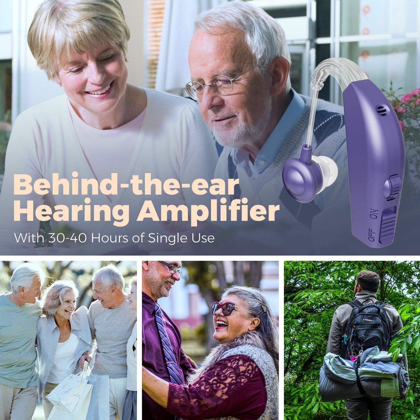 Digital Hearing Aid Amplifier Set - Premium Rechargeable Behind The Ear Personal Sound Amplification Device - for Adults and Seniors with All-Day Battery Life, (Pair, Purple)
