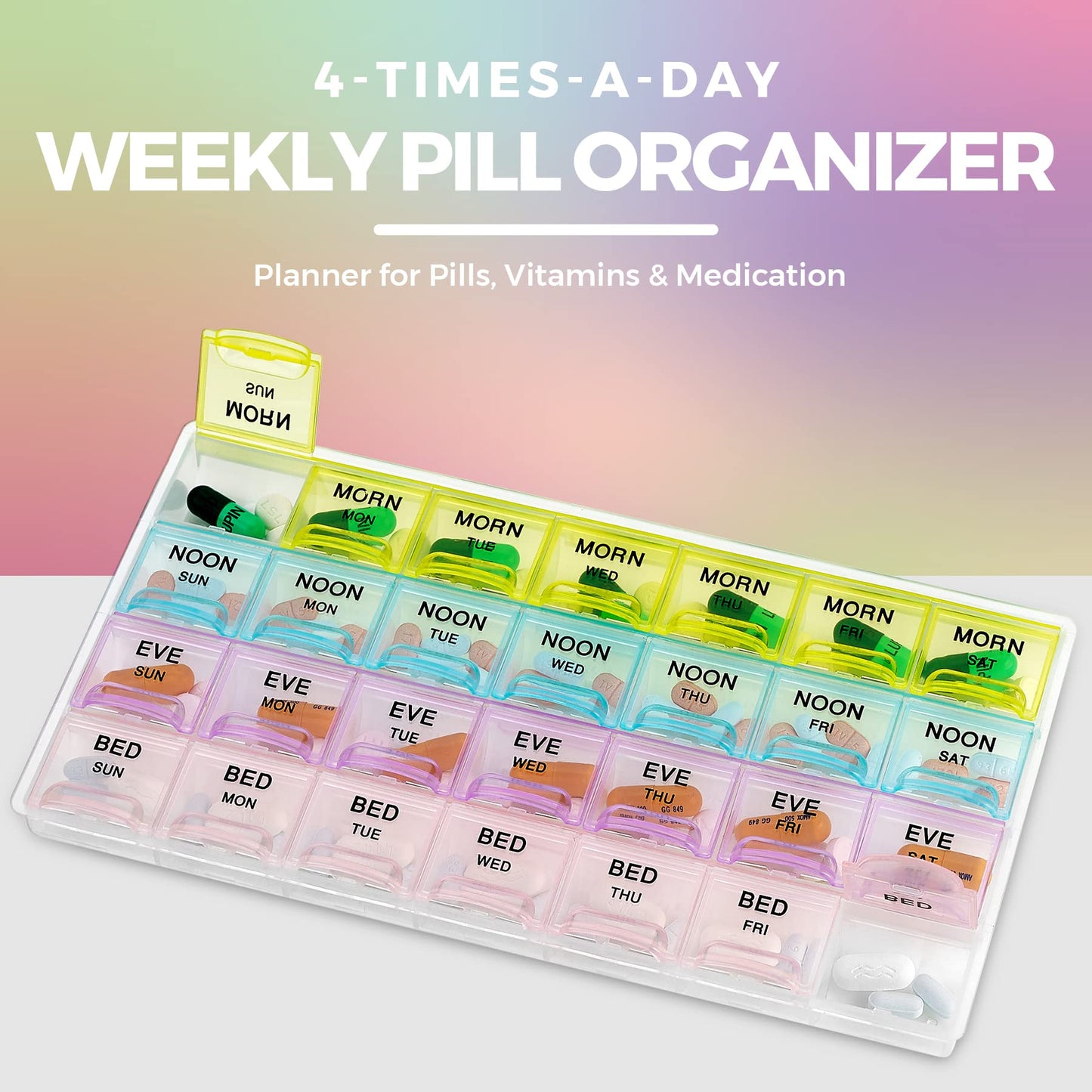 Pill Organizer - Large Pill Organizer with Weekly and Daily 4-Times-A-Day Compartments for Morning, Noon, Evening, Night - BPA-Free, Portable and Travel Friendly Pill Boxes Case