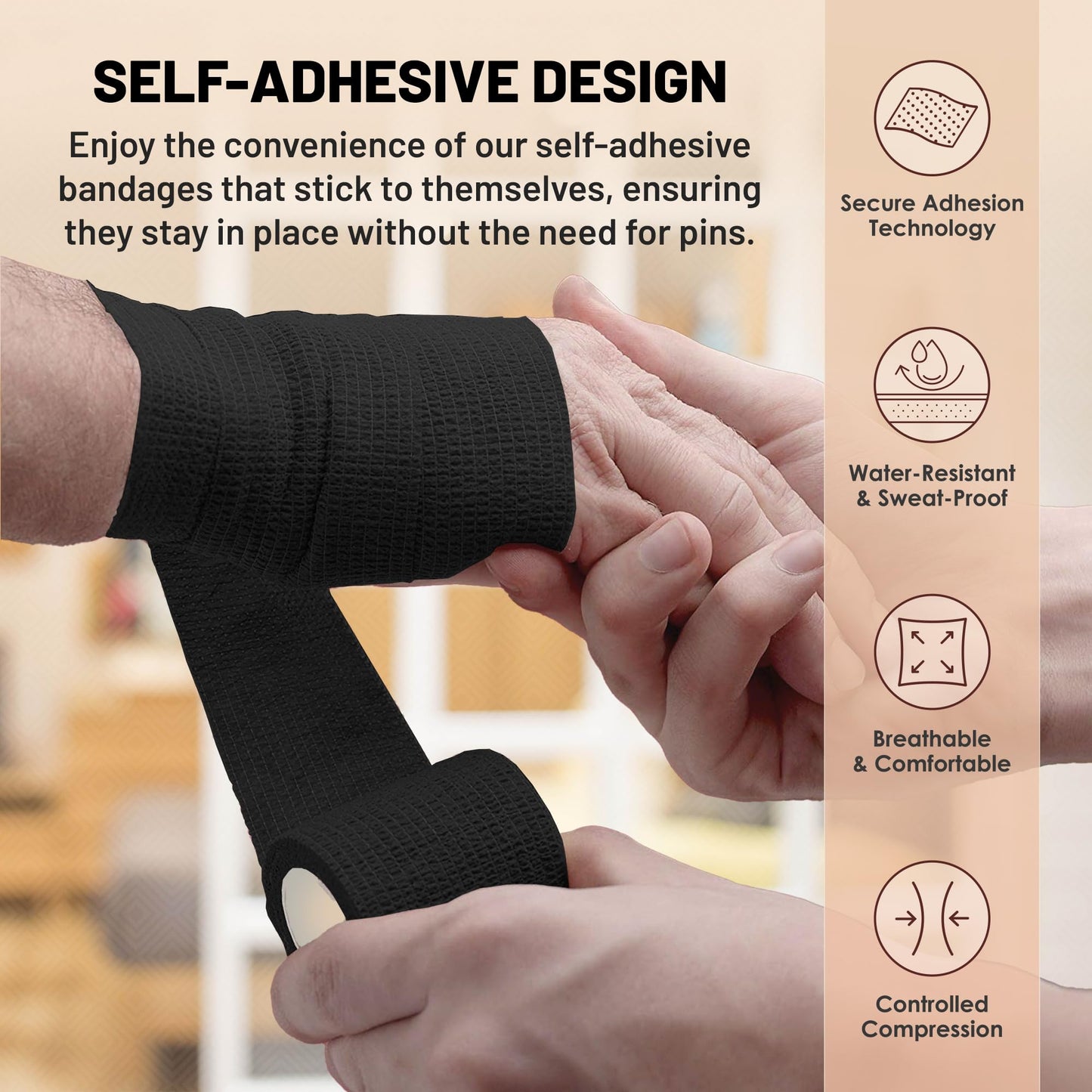 Self-Adherent Cohesive Bandage - Black Medical Wrap - (288 Rolls Bulk) - 2" Wide x 5 Yards Sports Tape for Medical Use, Sports, First Aid and Helps Protect Skin