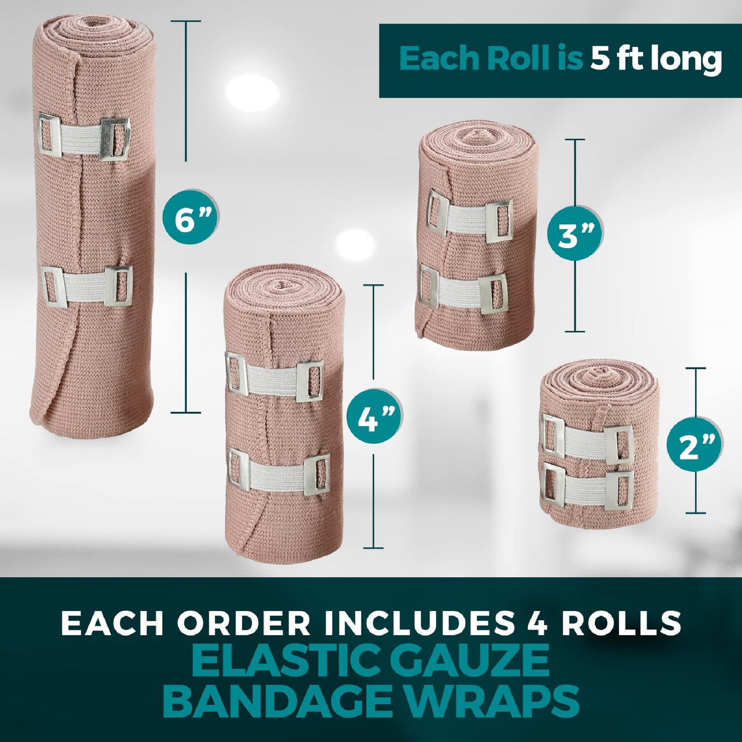 MEDca Elastic Compression Bandage Wrap - First Aid Bandages Roll Measures 2", 3", 4", 6" x 5 Ft with 4 Extra Hooks | Athletic Sports Stretch Wraps for Ankle, Wrist, Arm & Leg Sprains (Pack of 4)