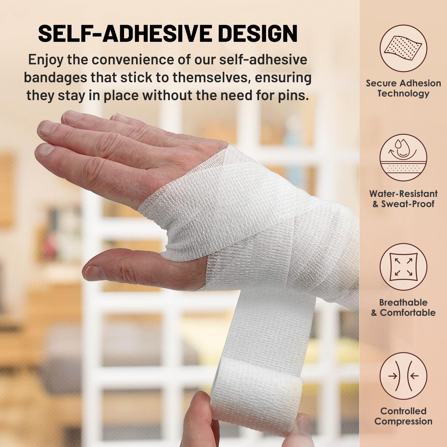 6 Pack, Self Adherent Cohesive Tape - 2” x 5 Yards, Self Adhesive Bandage Rolls & Sports Athletic Wrap for Ankle, Wrist, Knee Sprains and Swelling, Vet Wraps in White Color