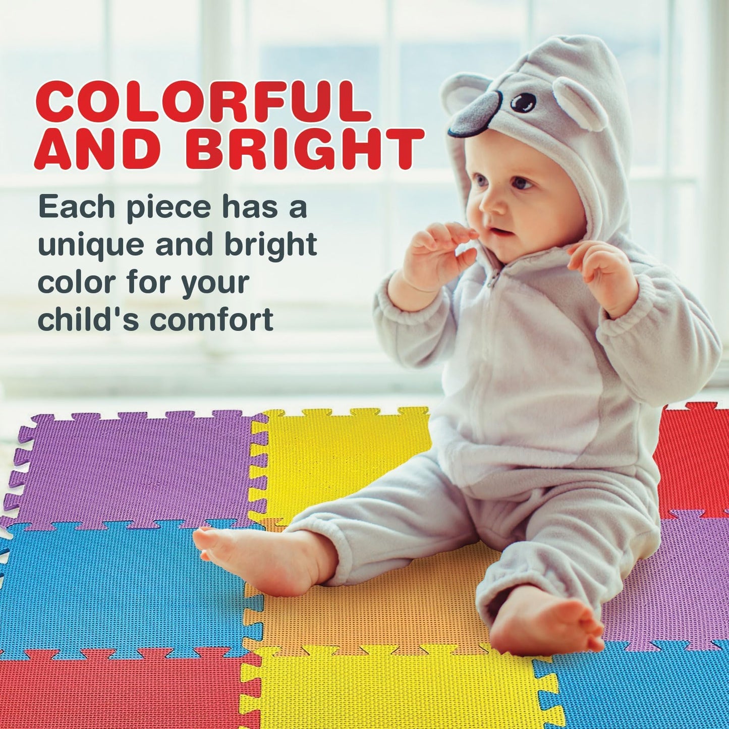 CREATIVE TIME Floor Mat 10-Tile Exercise Mat Solid Foam EVA Playmat Kids Safety - 10-Pcs of (1) Random Solid Color, Receive Either Red, Blue, Green, Yellow, Purple or Orange