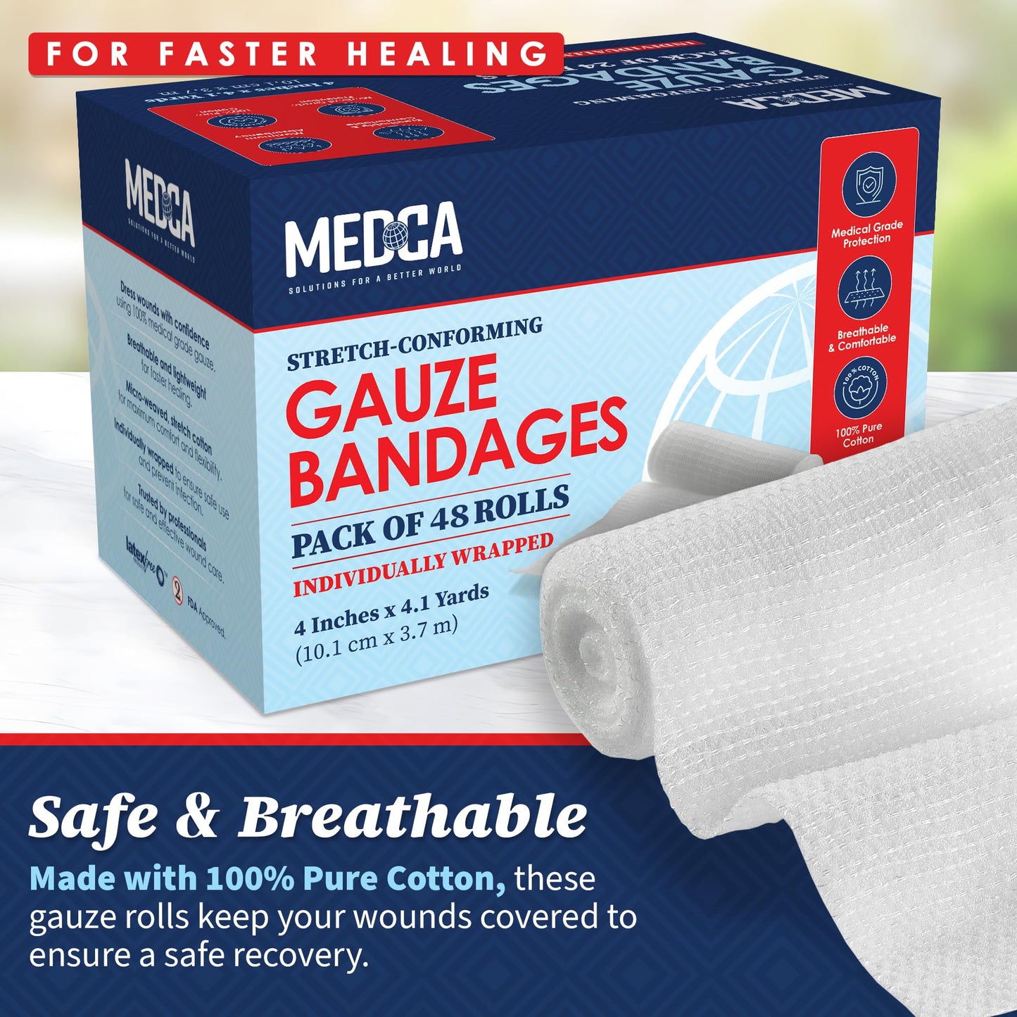 Gauze Bandage Rolls - (48 Pack) 4 in x 4.1 Yards Per Roll of Medical Grade Gauze Bandage and Stretch Bandage Wrapping for Dressing All Types of Wounds and First Aid Kit by MEDca, (4-Inch, 48 Pcs)