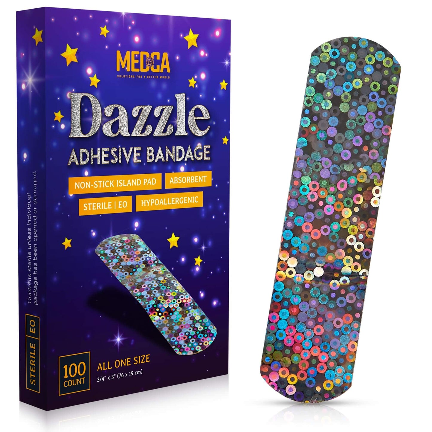 Glitter Bandages for Kids -(100 Count Box) Adhesive Bandage Strips w/ Colorful Glitter Design & Latex-Free Individually Wrapped Strips for First Aid, Wound Care, Minor Cuts, Scrapes
