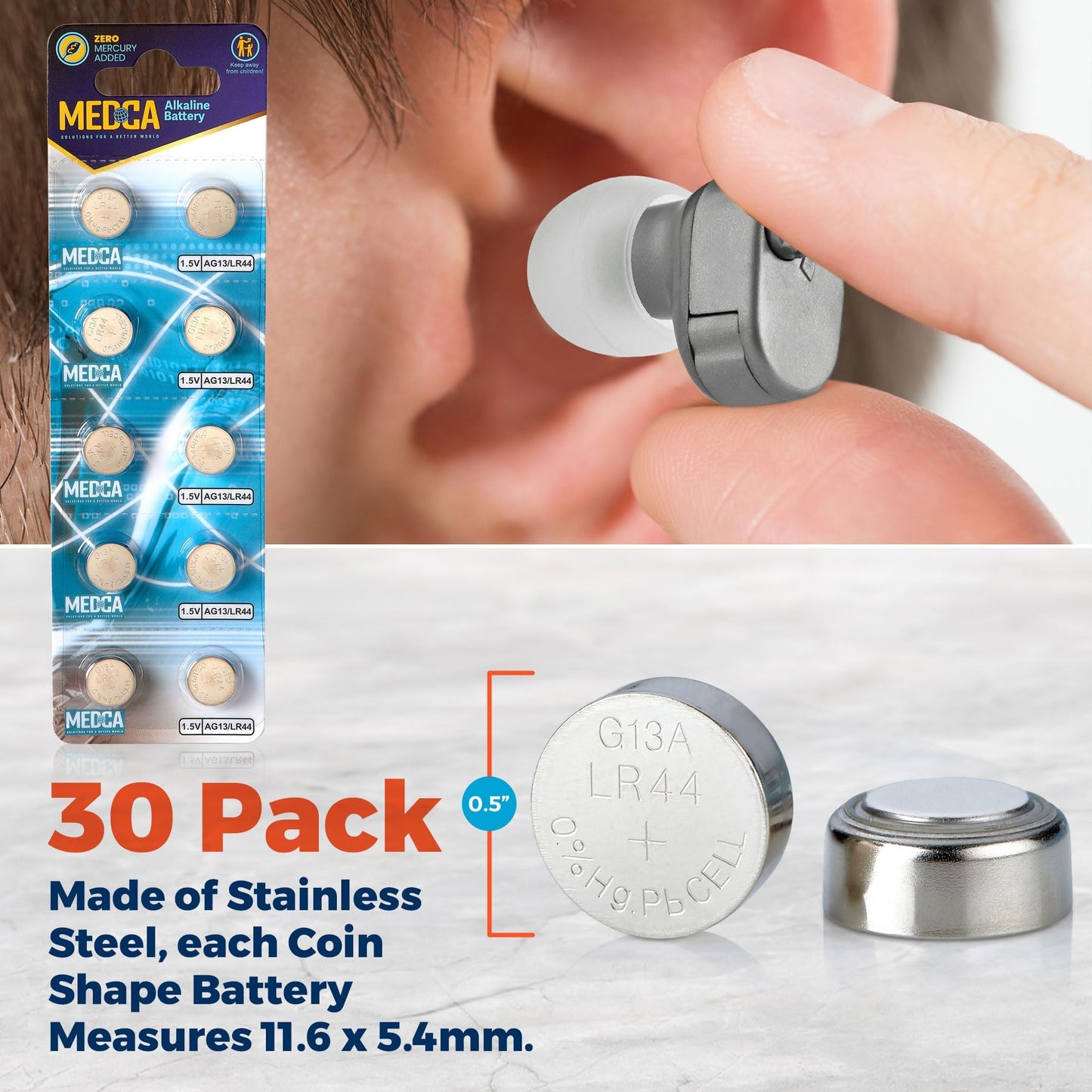 MEDca 1.5V Alkaline Batteries - LR44 AG13 357 303 Battery - Button Coin Cell for Hearing Aids and Amplifiers, Toys, Remotes, Calculators, Lasers | Long Lasting Power | Anti Corrosion | 30 PCS