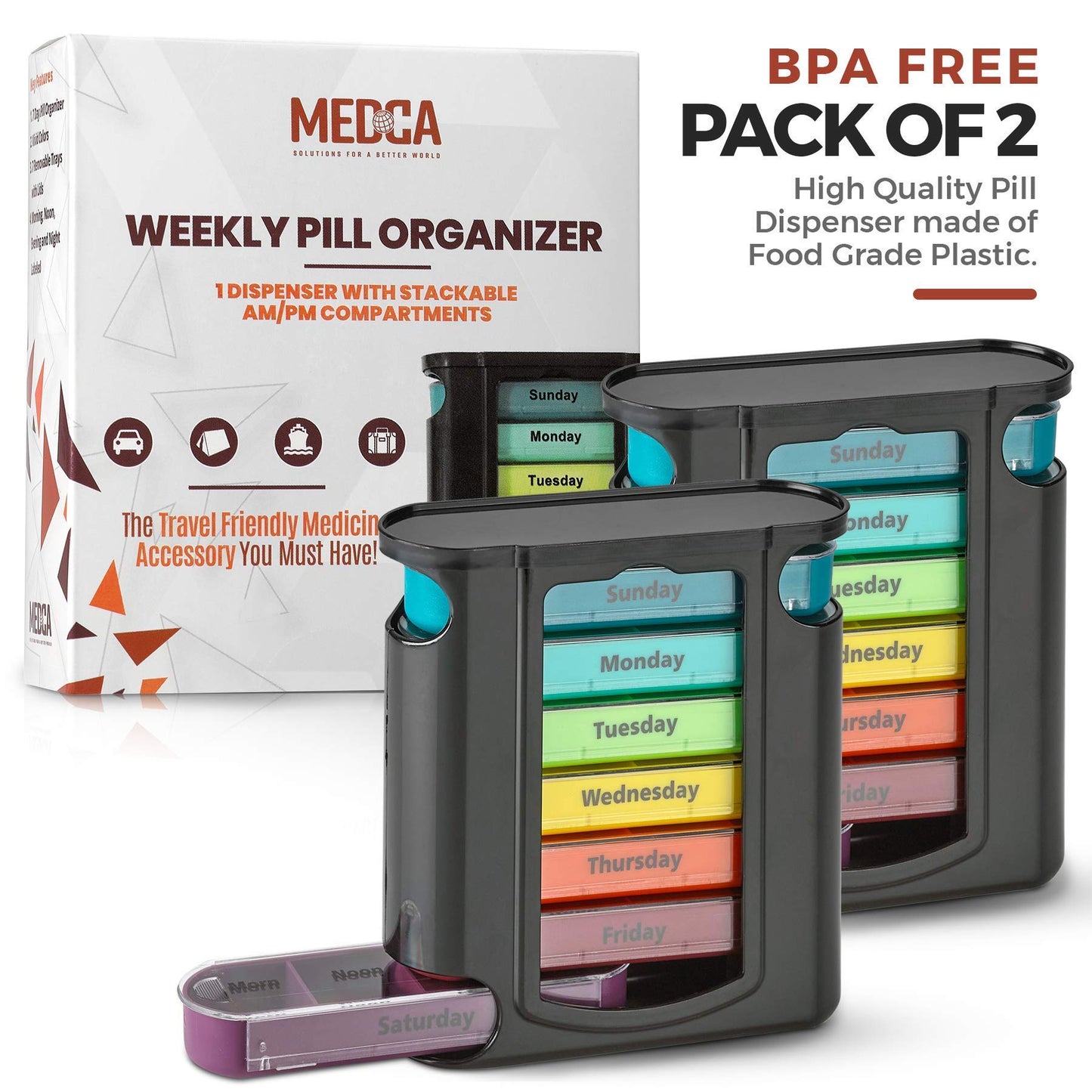 Stackable Daily Pill Organizer - 2 Pack, 4 Times a Day Weekly Medication Reminder - Premium Weekly AM/PM Pill Box with 7 Individual Stacking Cases, a Everyday Medicine Organizer for Vitamins