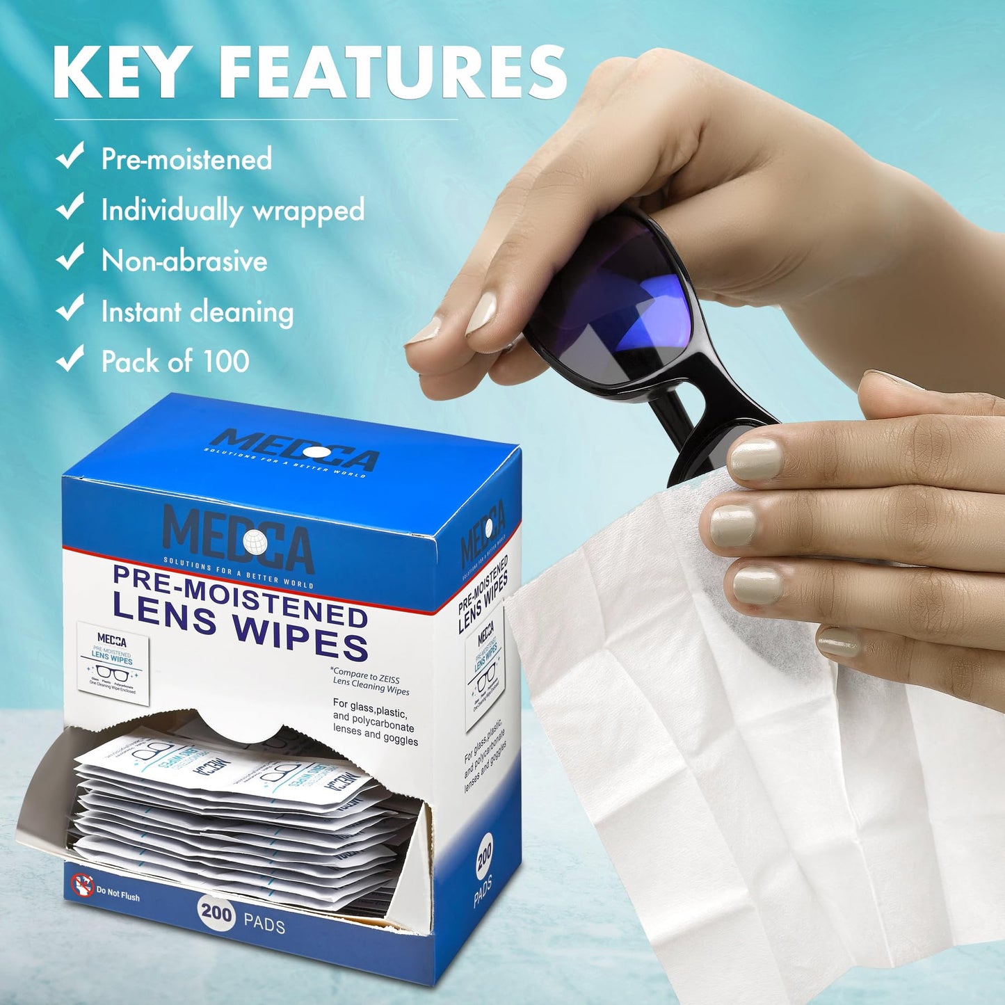 Premoistened Lens and Glass Cleaning Wipes - Portable Travel Cleaner for Glasses, Camera, Cell Phone, Smartphone, and Tablet - Disposable, Quick Drying, Streak Free - Individually Wrapped, Pack of 200