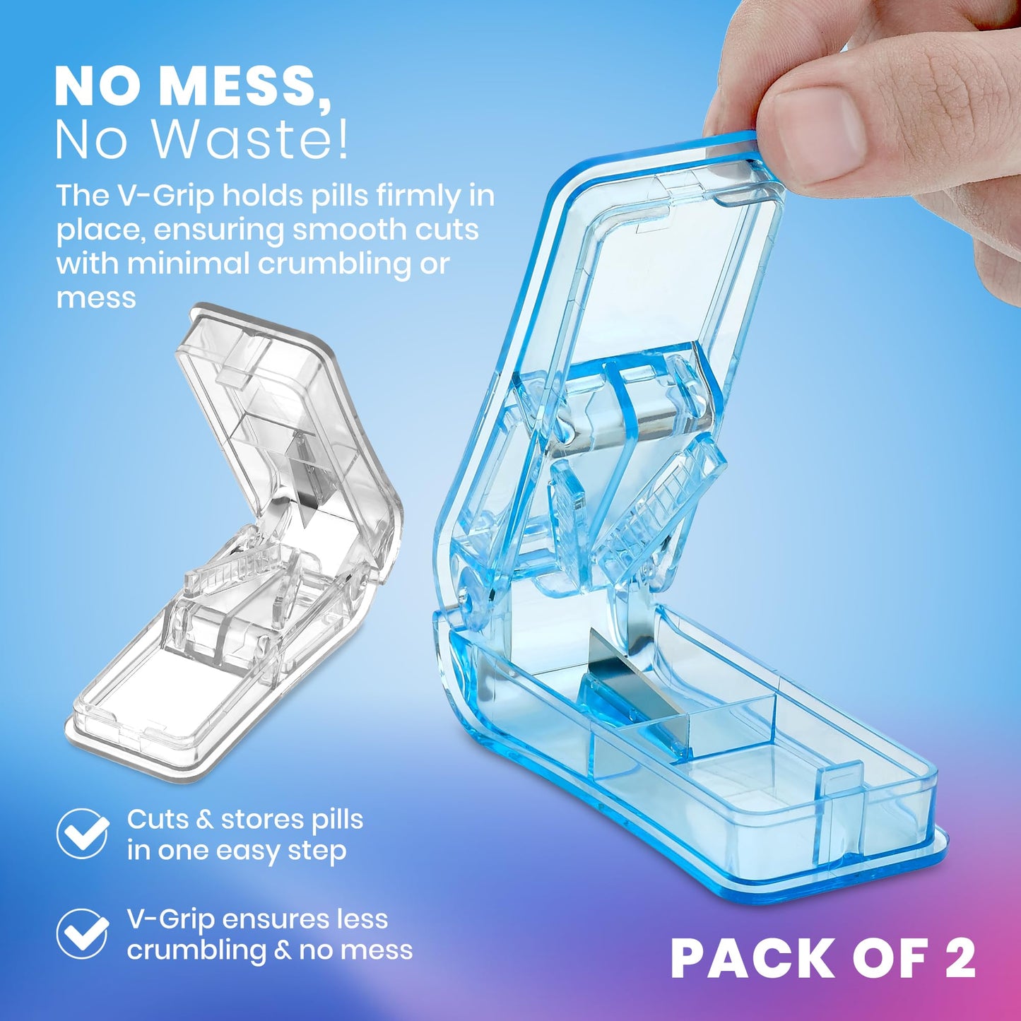 Pill Splitters - (Pack of 2) Pill Cutters with V- Grip for Small and Medication - Easily Cut Pills, Splitter | Cutter and Crusher with Pill Holder Case to Spli