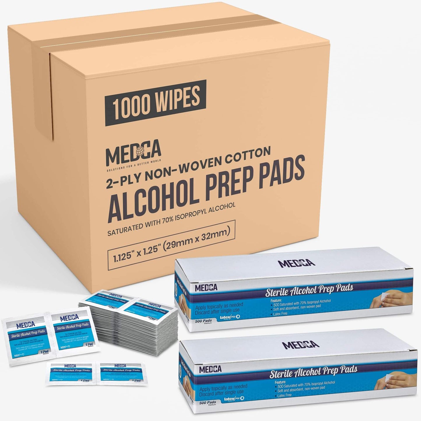 MEDca Alcohol Prep Pads - 1000 Count, 70% Isopropyl Alcohol, Unscented, 2-Ply Cotton, Individually Wrapped, Latex-Free, Ideal for Minor Cuts, Scrapes, and Electronics