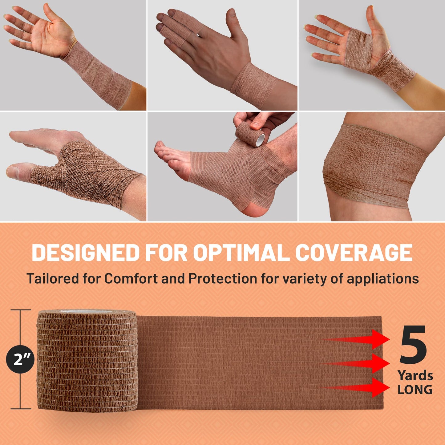 Self Adherent Cohesive Tape - 2" x 5 Yards, 12 Pack (Medium Tan) Self Adhesive Bandage Rolls & Sports Athletic Wrap for Ankle, Wrist, Knee Sprains and Swelling