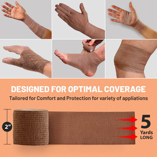 6 Pack, Self Adherent Cohesive Tape - 2" x 5 Yards, (Medium Tan Shade) Self Adhesive Bandage Rolls & Sports Athletic Wrap for Ankle, Wrist, Knee Sprains and Swelling