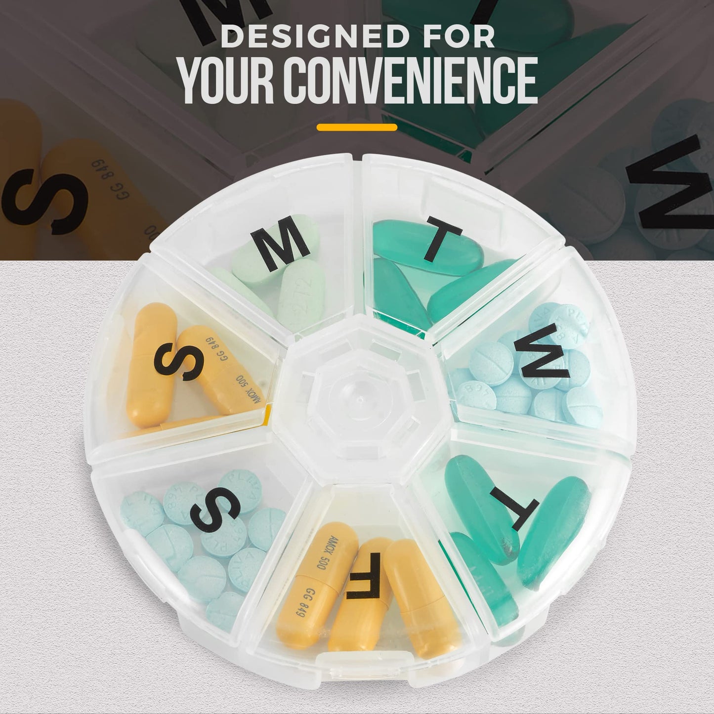 Weekly Pill Organizer - (Pack of 2) 7 Day Pills Container, Round Medicine Organizer Box, Daily Week Pill Reminder Case Travel Friendly, BPA-Free Vitamin, Supplement, Fish Oil, Medication Planner