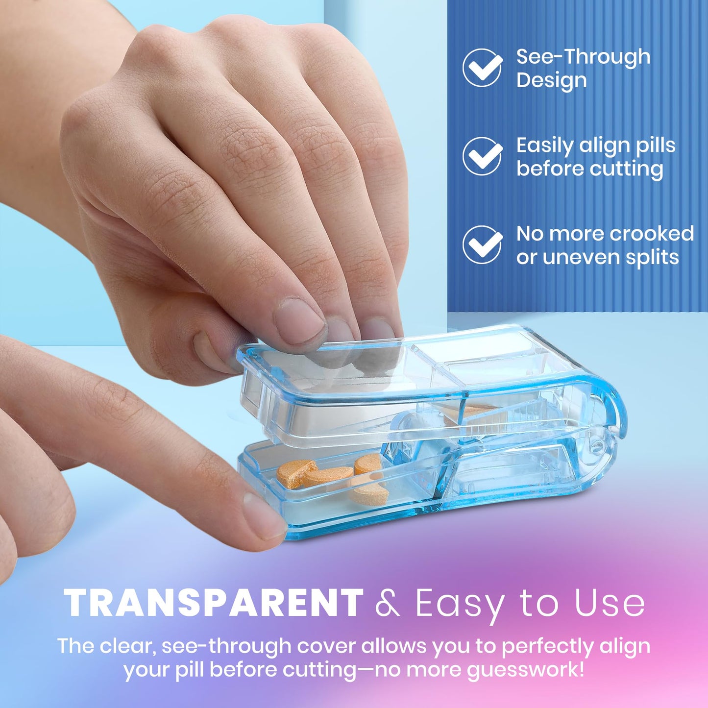 Pill Cutter - V- Grip Pill Crusher and Cutter for Vitamins, Big & Small Pills, and Medication - Transparent Pill Splitter with Pill Holder Case to Split