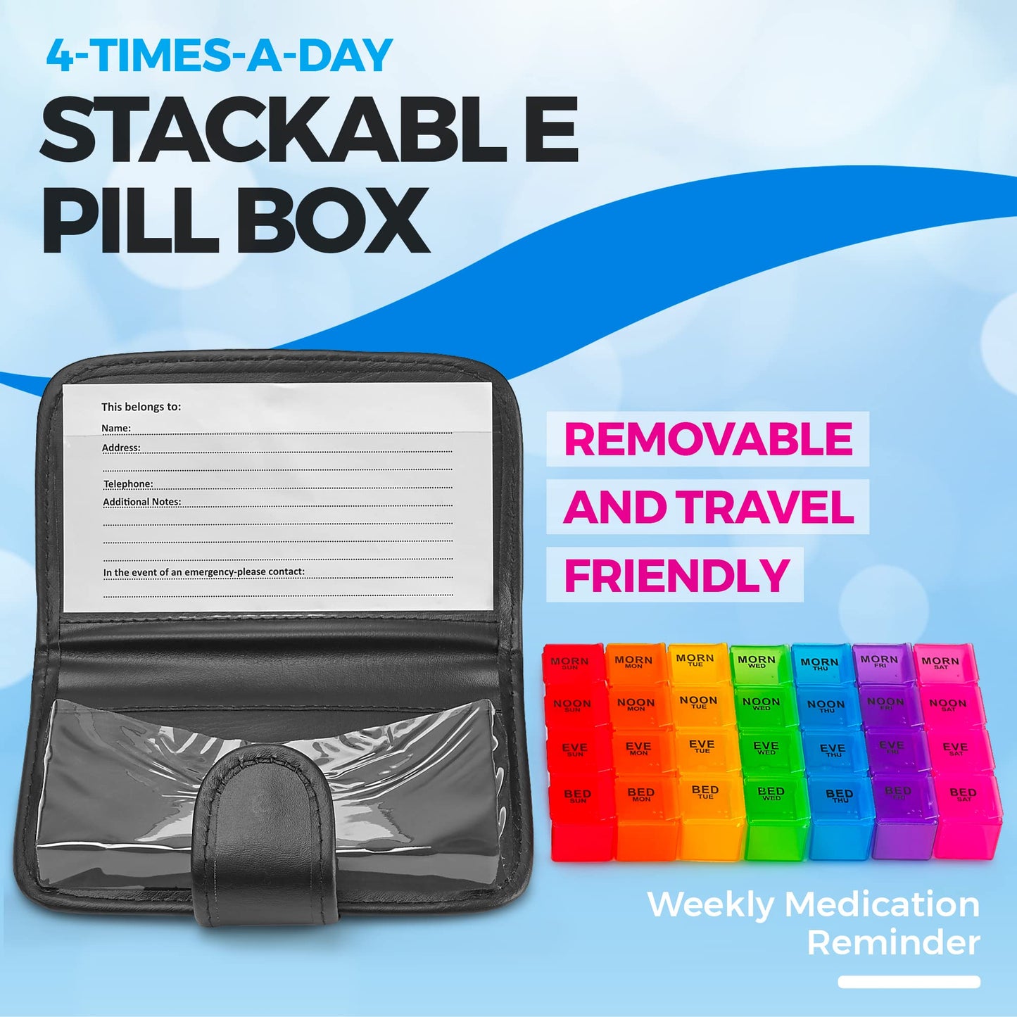 Weekly Travel Pill Organizer - Prescription and Medication Wallet Pill Box Reminder, a Extra Large Pill Container Dispenser Case, Caddy Organizer, for 4 Times A Day, 7 Days a Week, 7.5 x 4.5 Inches