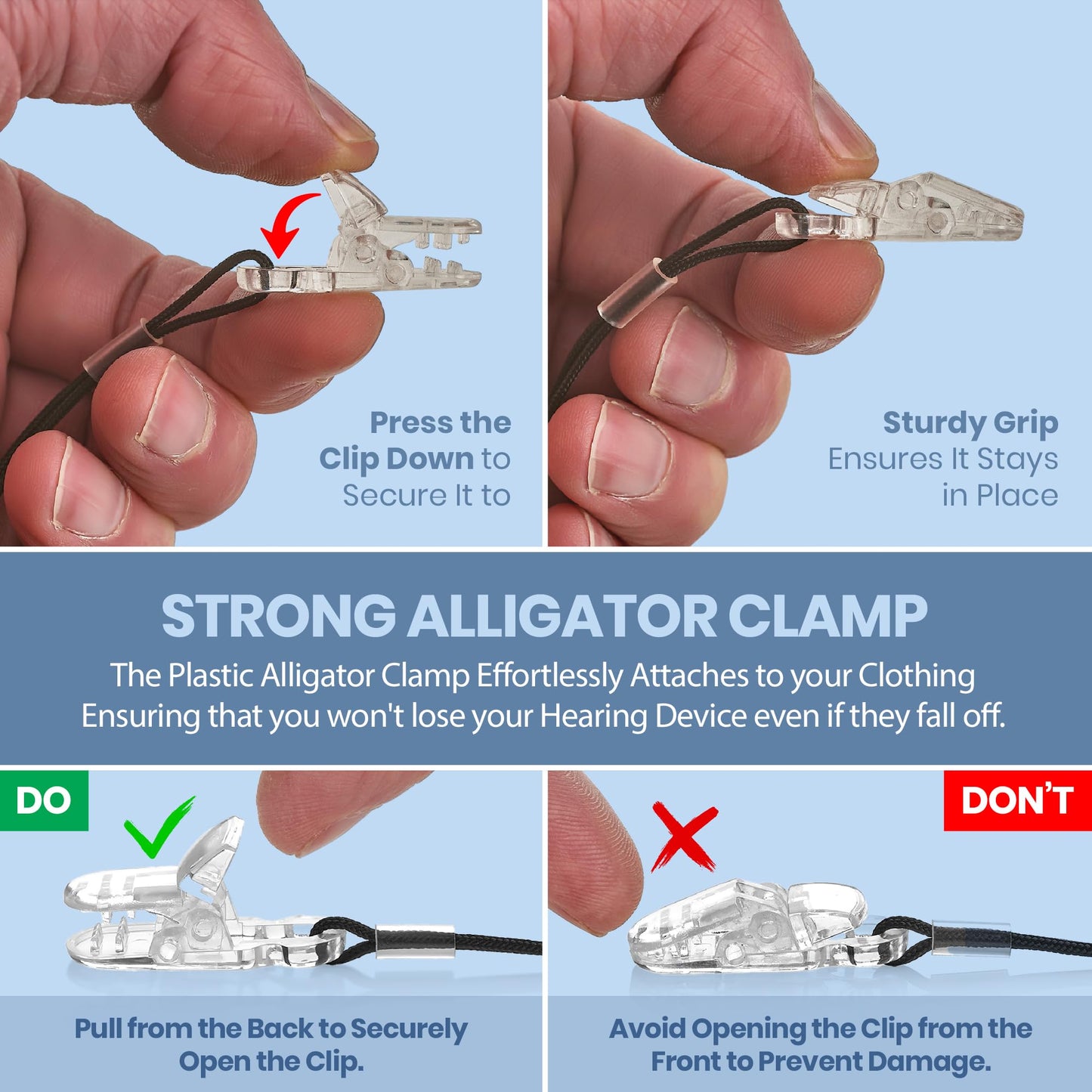 Hearing Aid Clip - Protective Holder with Anti Lost Lanyard Cord - Rope with Loops and Clip and Security Clip Ideal for Behind The Ear Hearing Aids and Personal Sound Amplifiers