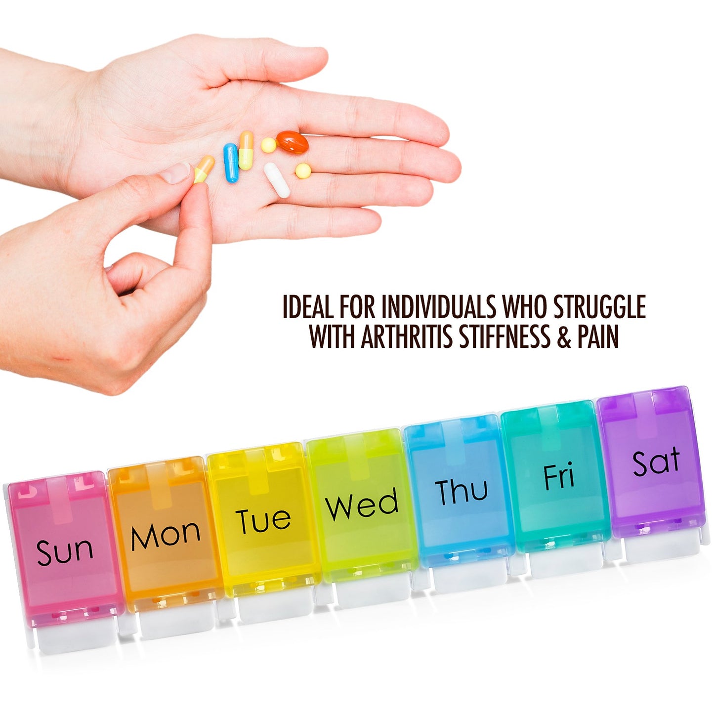 7 Day Pill Organizer - with Push Button Assisted Open a Daily Travel Pill Box Case Planner and Large Compartments for Medication Vitamins Fish Oil & Supplements, BPA Free