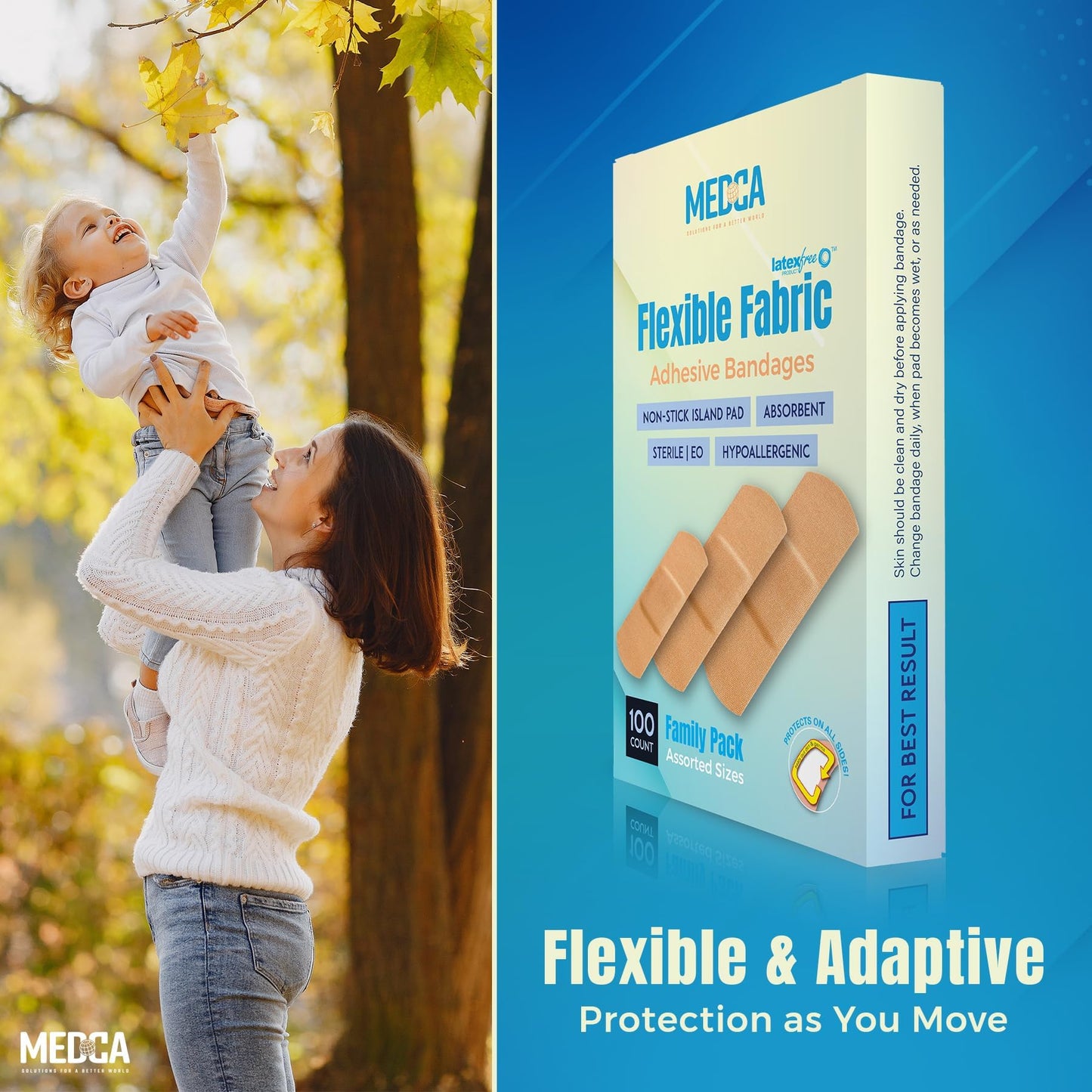Flexible Fabric Adhesive Bandages for Comfortable Flexible Large Protection & Wound Care of Minor Cuts, Scrapes, & Wounds, Assorted Sizes (2-1/4"x5/8", 3"x3/4", 3"x1") - 100 Count Box