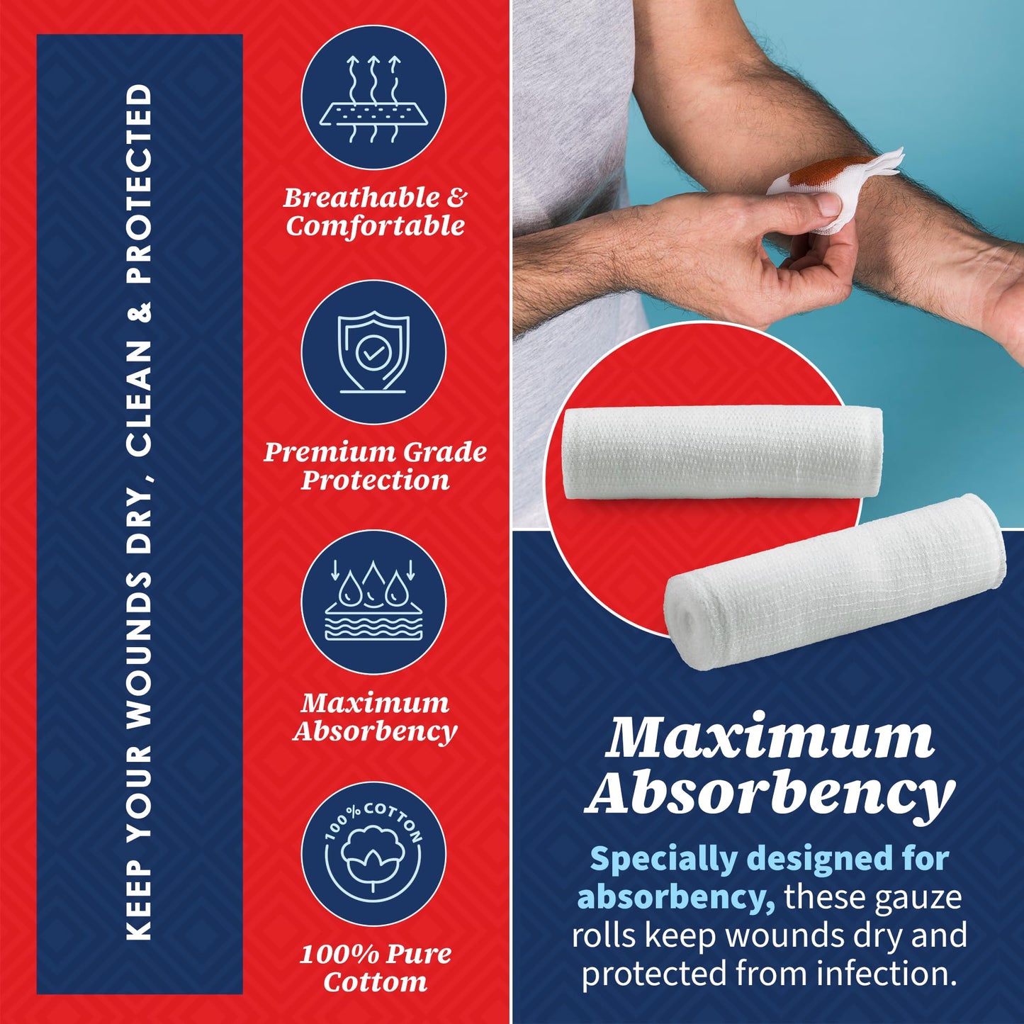 Gauze Bandage Rolls - (48 Pack) 3 in x 4.1 Yards Per Roll of Medical Grade Gauze Bandage and Stretch Bandage Wrapping for Dressing All Types of Wounds and First Aid Kit by MEDca, (3-Inch, 48 Pcs)