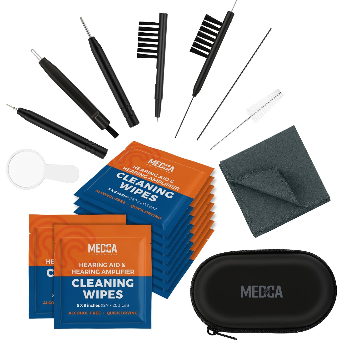 Hearing Aid Cleaning Kit - 20 Piece Tool Set with Case, 10 Hearing Aid Cleaner Wipes, and Magnifying Glass for Hearing Aids, Earbuds, Headphones, Ear Molds, Amplifiers & Small Electronics
