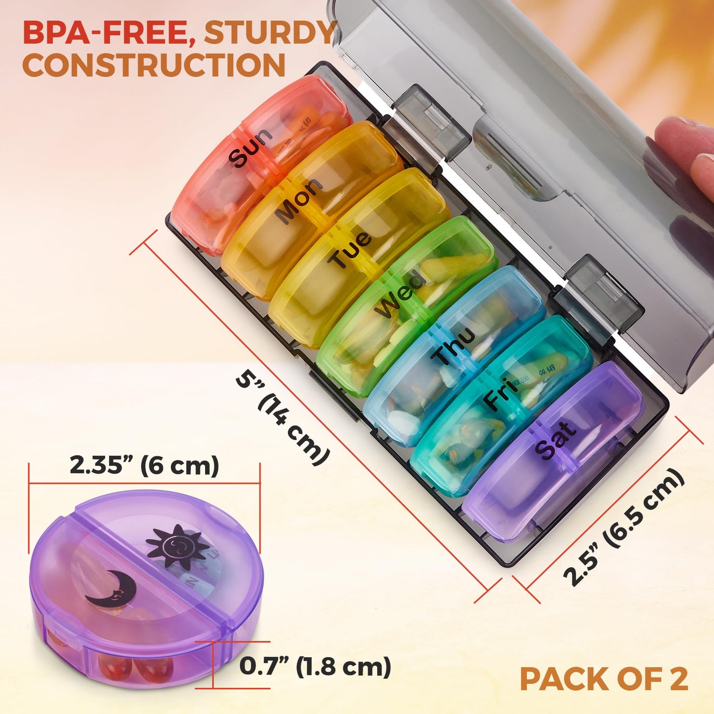 Weekly Pill Organizer - 2 Times-A-Day Compartments - 7 Day AM/PM Pill Container - Portable, Durable and Convenient Travel Pills Case for Tablets, Fish Oils, Vitamins and Supplements, Rainbow, 2 Pack