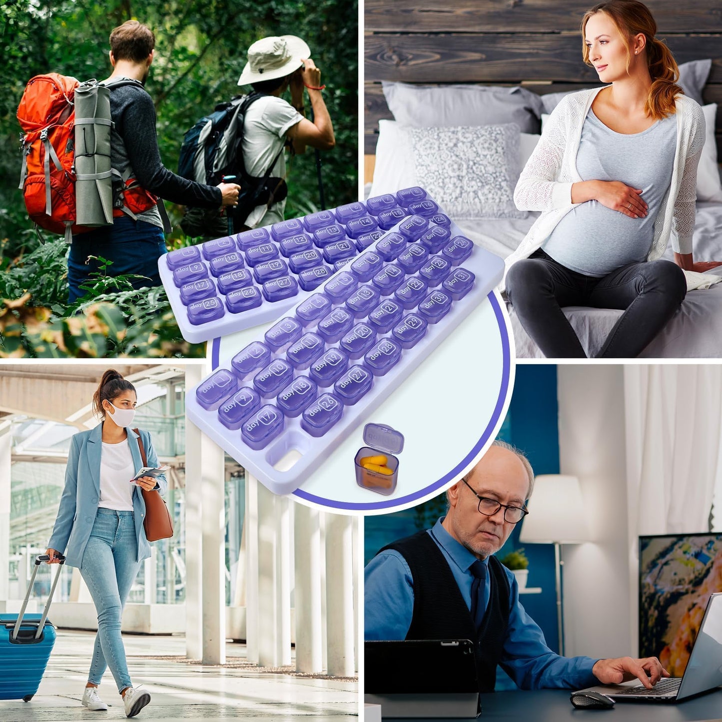 Monthly Pill Organizer - (Pack of 2) 31 Day Pill Organizer with Large Removable Medication Pods, Portable Pill Case Box and Holder for Daily Medicine and Vitamins for Travel, Purple