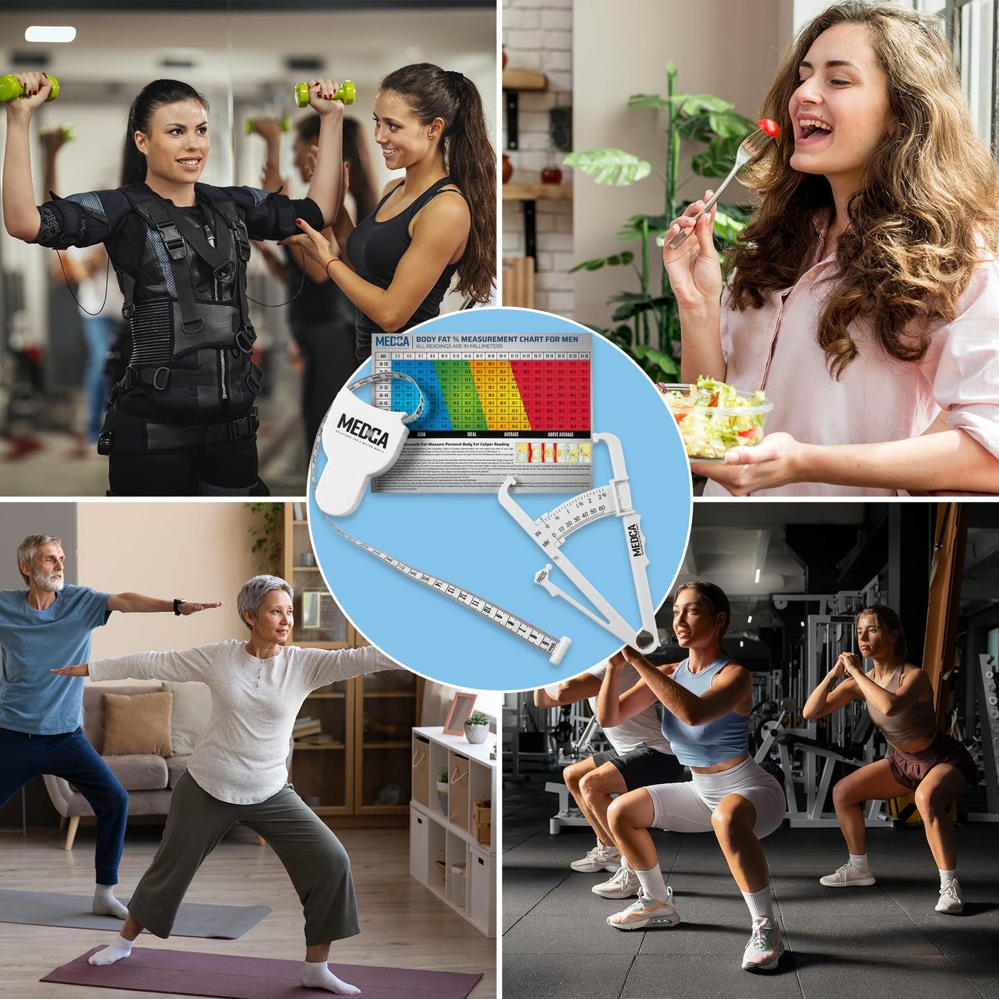 Body Fat Caliper and Measuring Tape for Body - Skinfold Calipers and Body Fat Tape Measure Tool for Accurately Measuring BMI Skin Fold Fitness and Weight-Loss - New Upgraded Design (White)