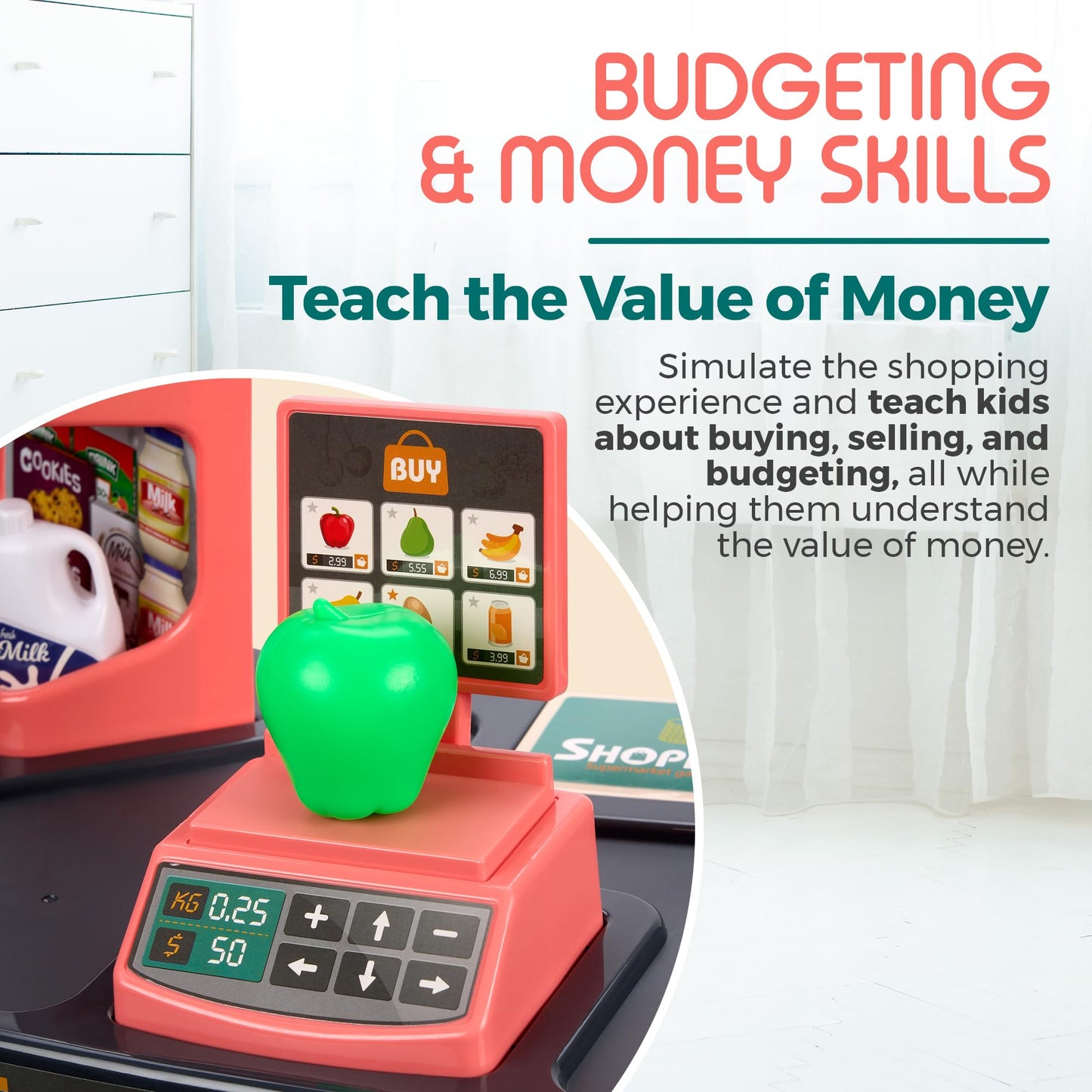 MEDca Kids Play Supermarket Set with Scanner - Pretend Play Grocery Shop Set - 47 Piece Complete Playset with Cash Register Credit Card Machine Scanner Shop Trolley and Food Gift for Boys and Girls