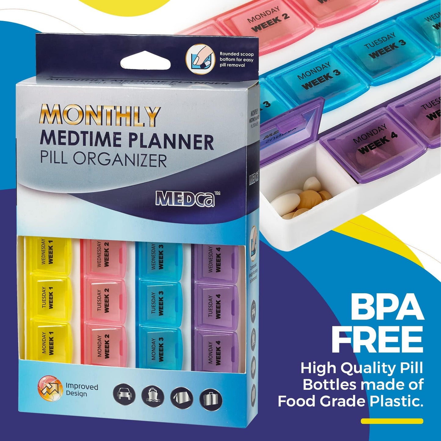 Monthly Pill Organizer - 28 Day Monthly Pill Planner to Separate Pills & Vitamins Week to Week, Travel Medication Reminder Daily Monday to Sunday Compartments